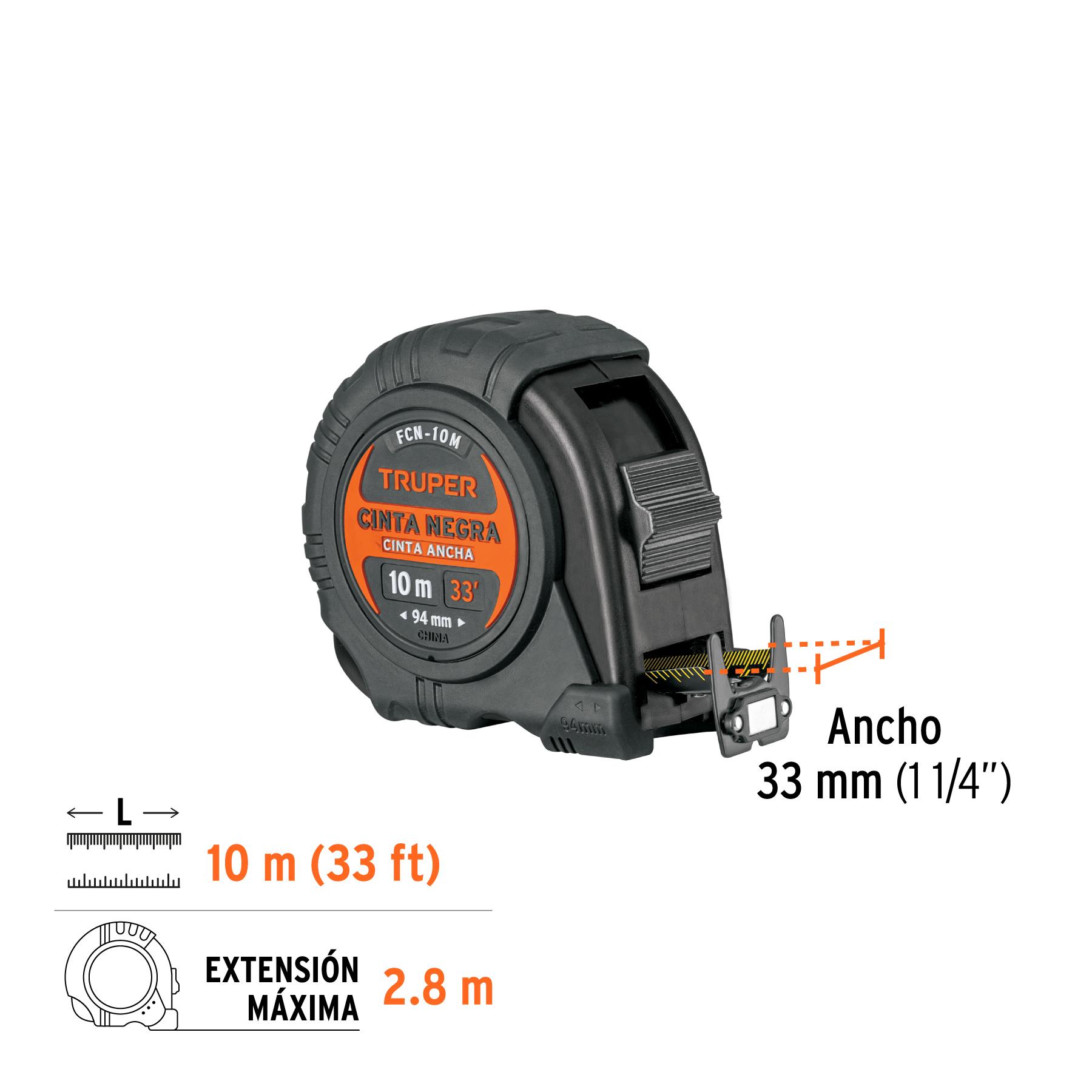 Flexómetro contra impactos 10 m, Cinta Negra 32 mm, TRUPER - Imagen 3