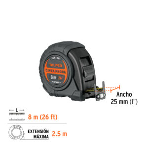 Flexómetro contra impactos 8 m, Cinta Negra 25 mm, TRUPER - Imagen 3