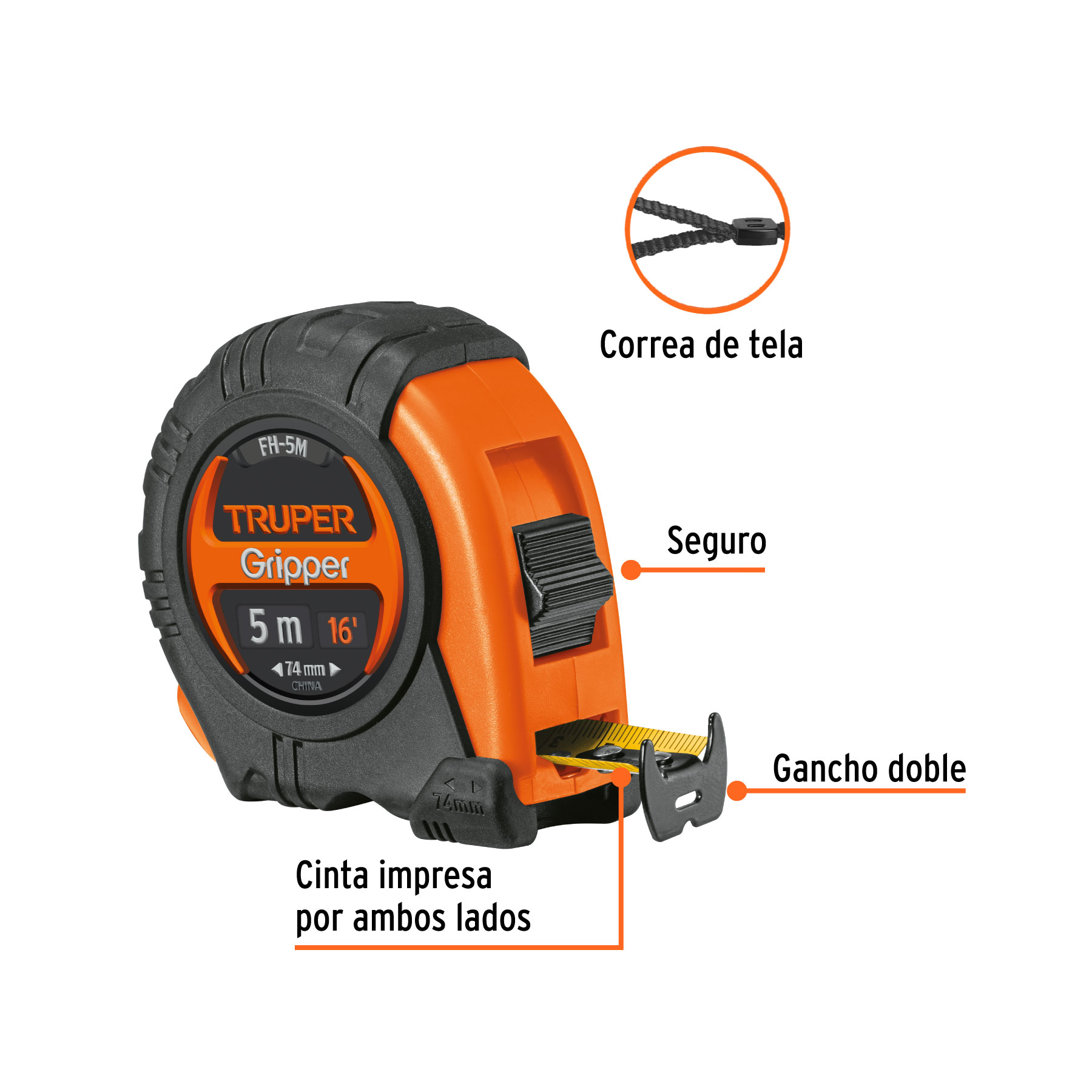 Flexómetro Gripper contra impactos 5 m cinta 19 mm, TRUPER - Imagen 2
