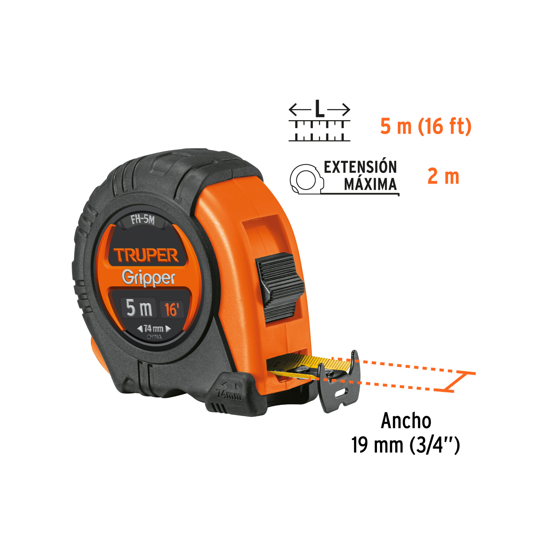 Flexómetro Gripper contra impactos 5 m cinta 19 mm, TRUPER - Imagen 3