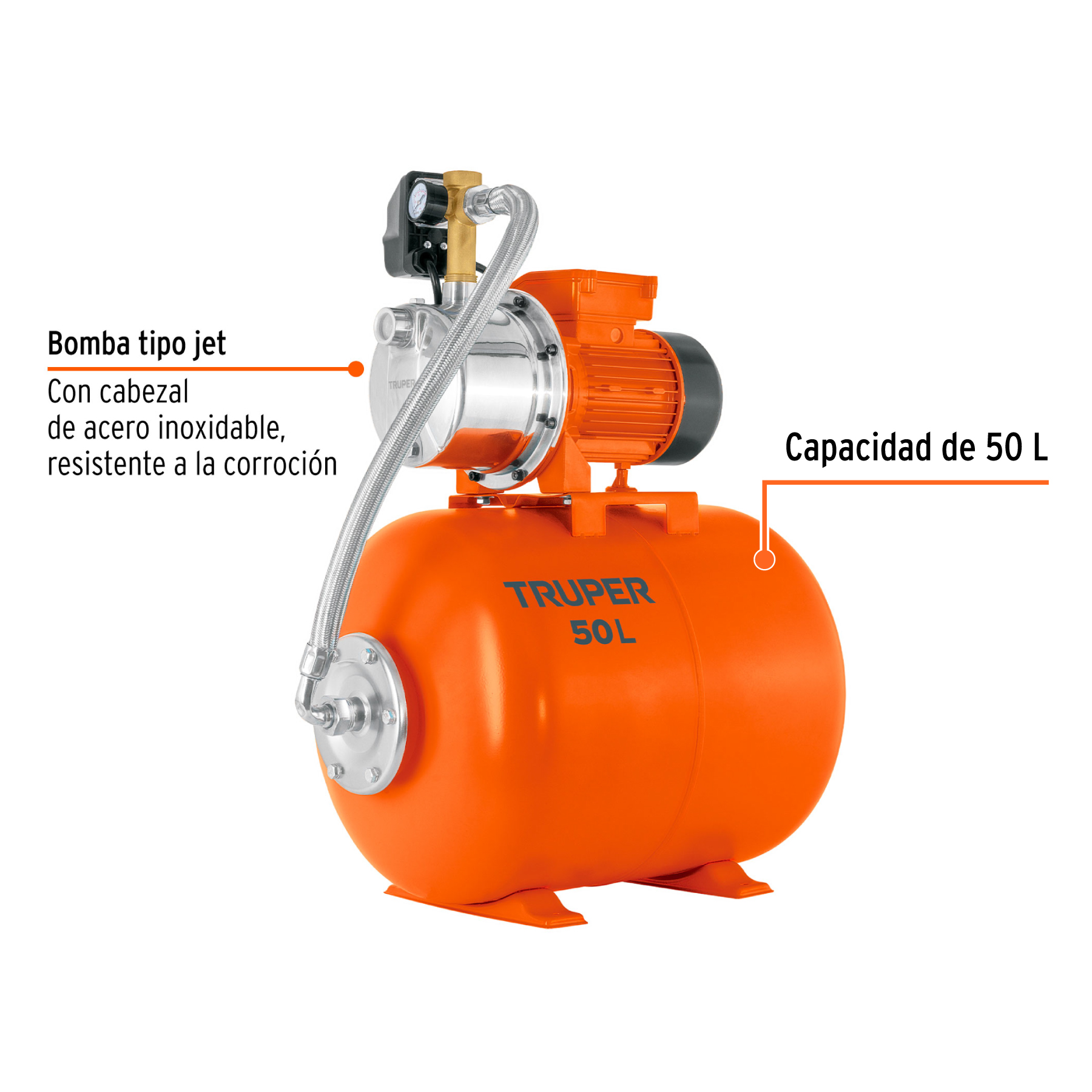 Equipo hidroneumático 50L, jet inoxidable 1 HP, TRUPER - Imagen 2