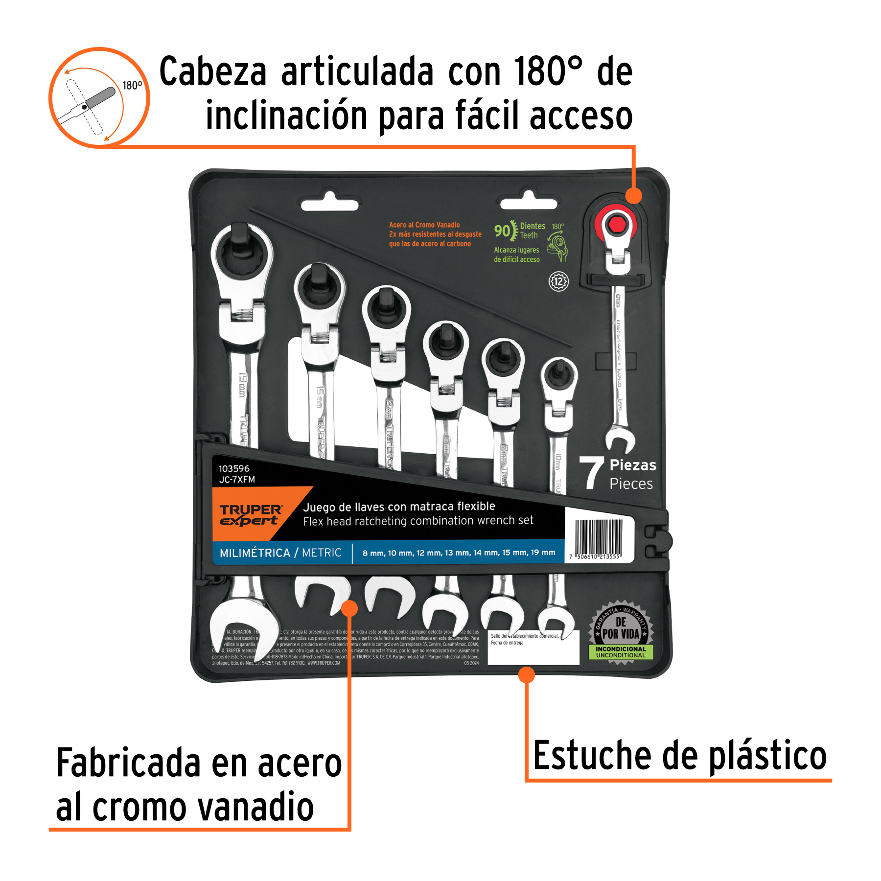 Juego de 7 llaves combinadas mm con matraca flexible - Imagen 2