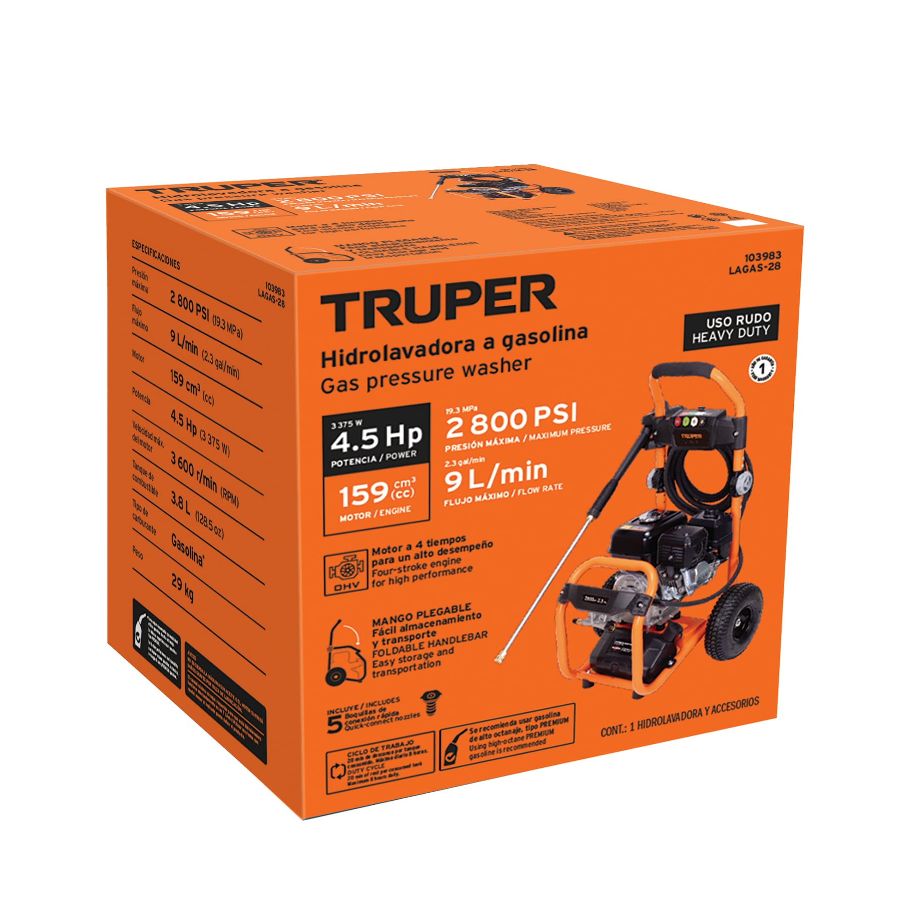 Hidrolavadora con motor a gasolina, 2,800 PSI, TRUPER - Imagen 6