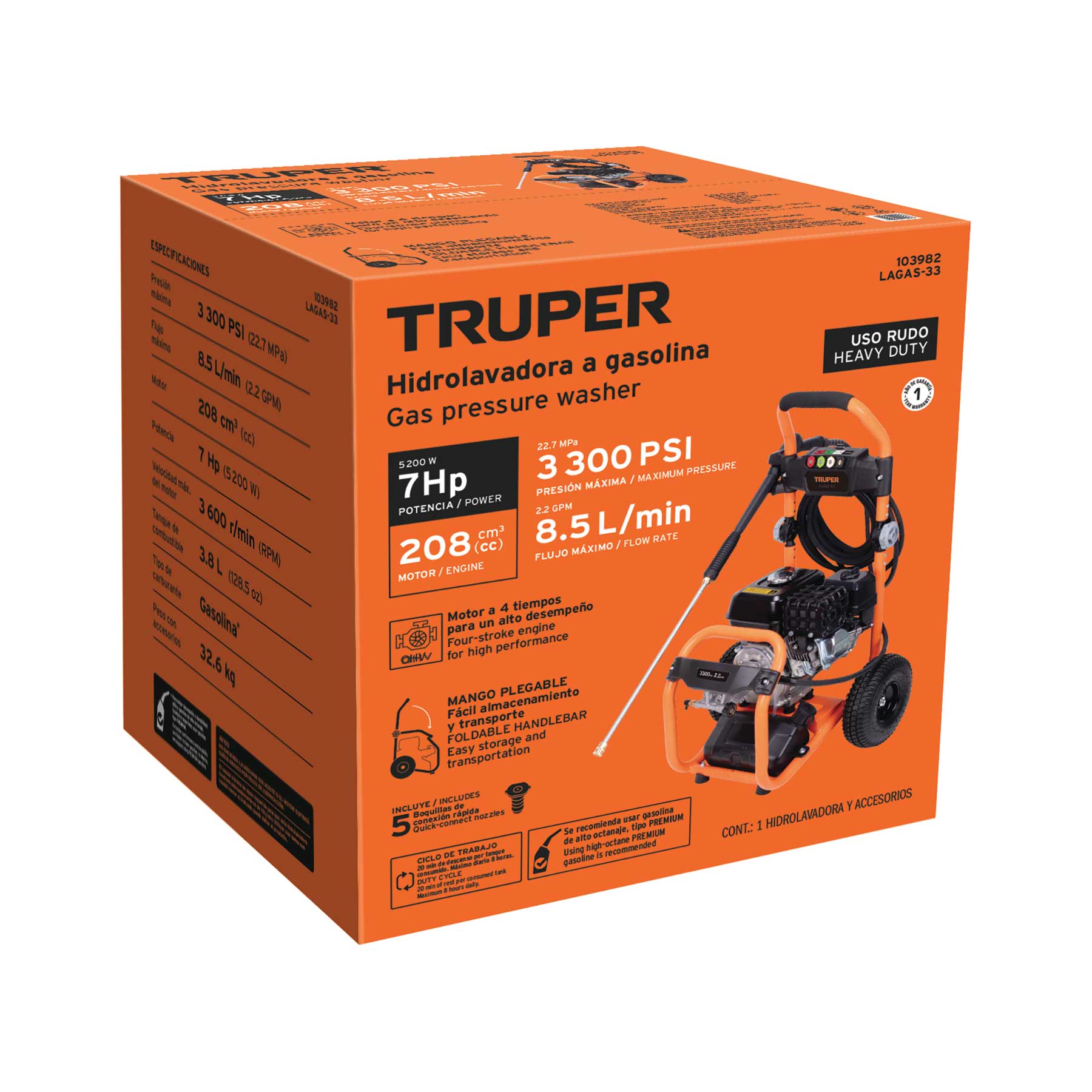 Hidrolavadora con motor a gasolina, 3,300 PSI, TRUPER - Imagen 6