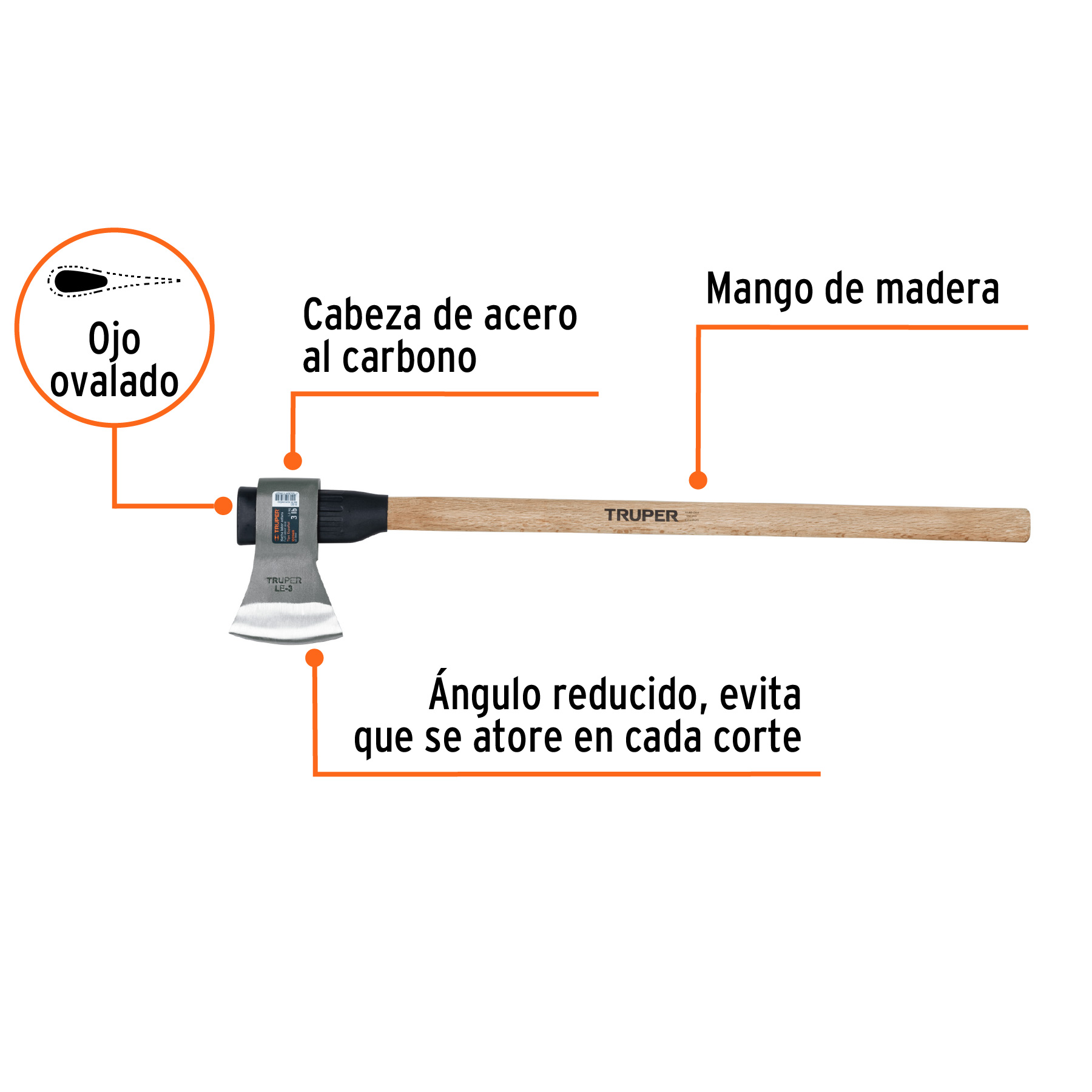 Hacha labor entera 3 lb, mango de madera 36', TRUPER - Imagen 2