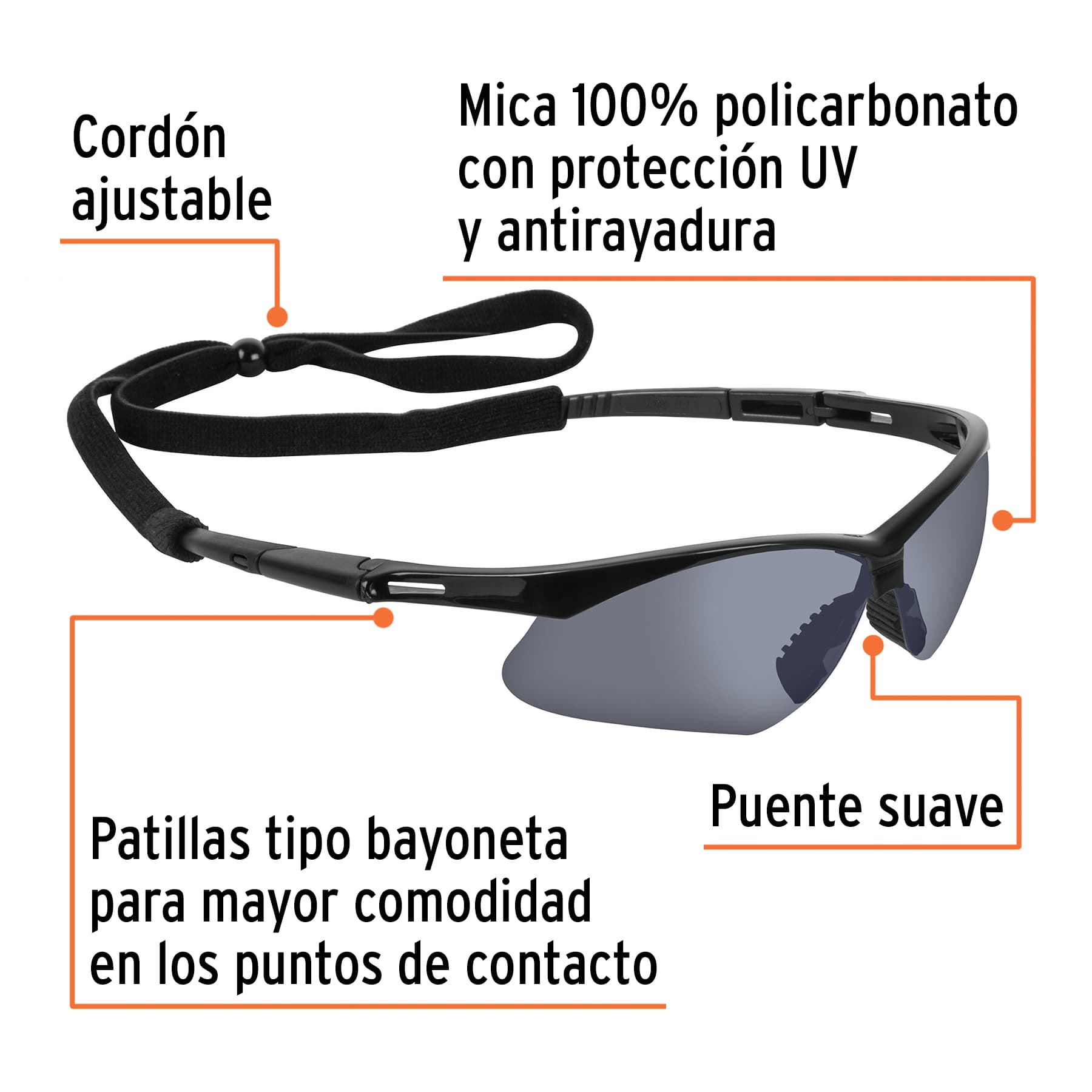 Lentes seguridad espejo plata c/cordón ajustable, Sport - Imagen 2