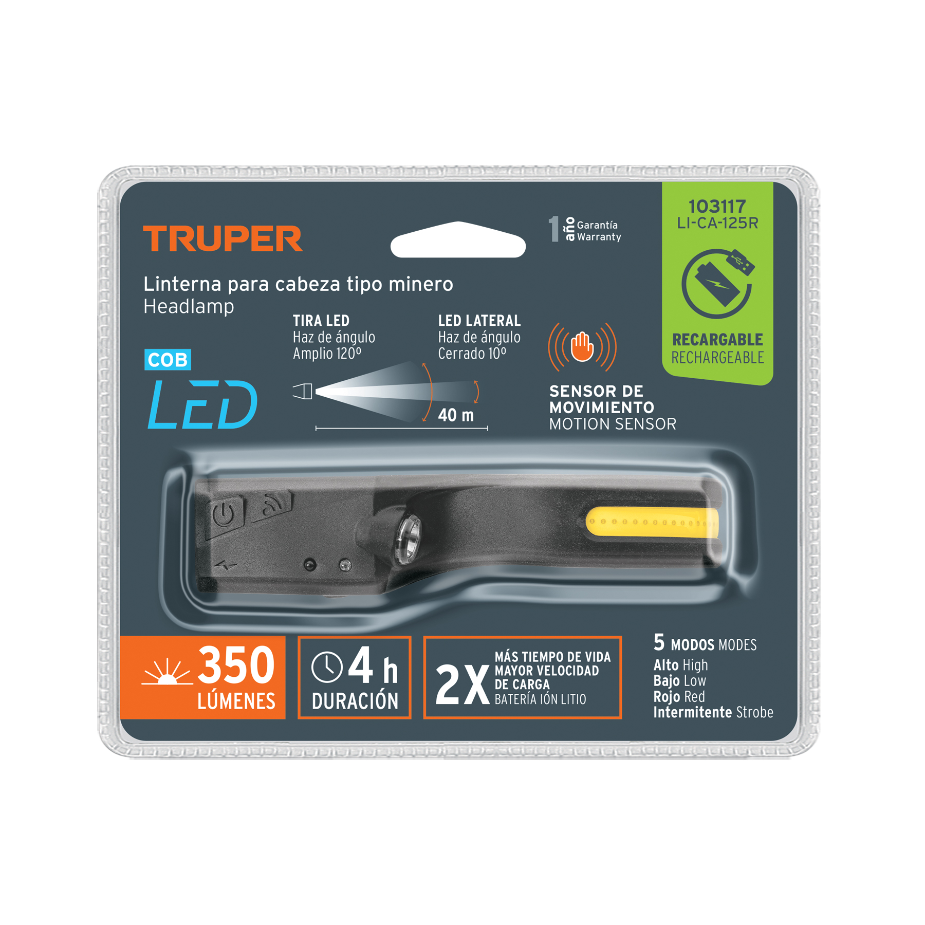 Linterna de minero LED 350 lm con sensor, recargable, TRUPER - Imagen 6