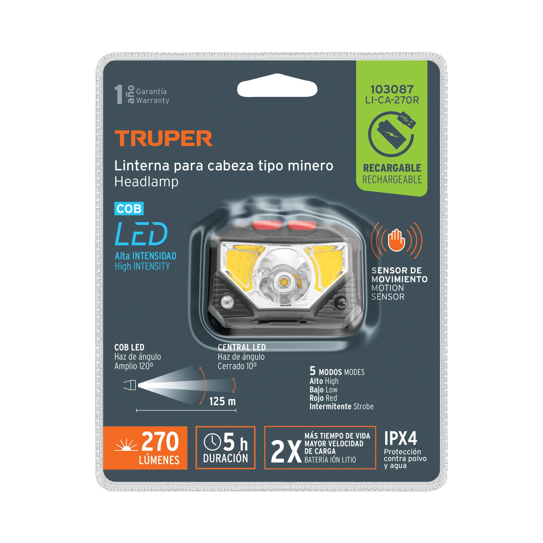 Linterna de minero LED 270 lm con sensor recargable, TRUPER - Imagen 7