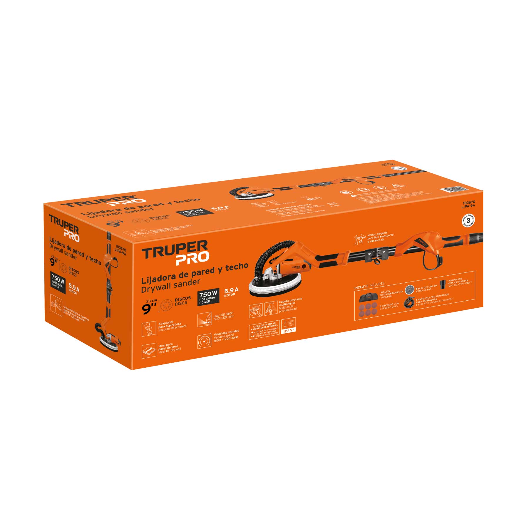Lijadora de pared y techo 9' 750W, profesional, TRUPER PRO - Imagen 5
