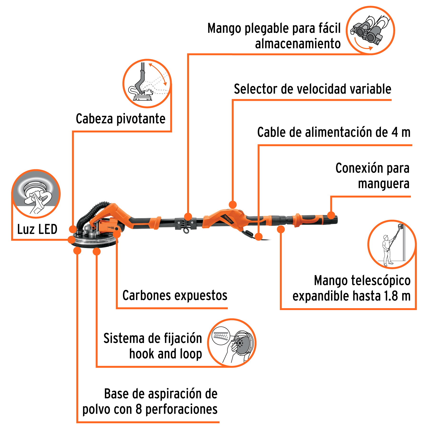 Lijadora de pared y techo 9' 750W, profesional, TRUPER PRO - Imagen 3