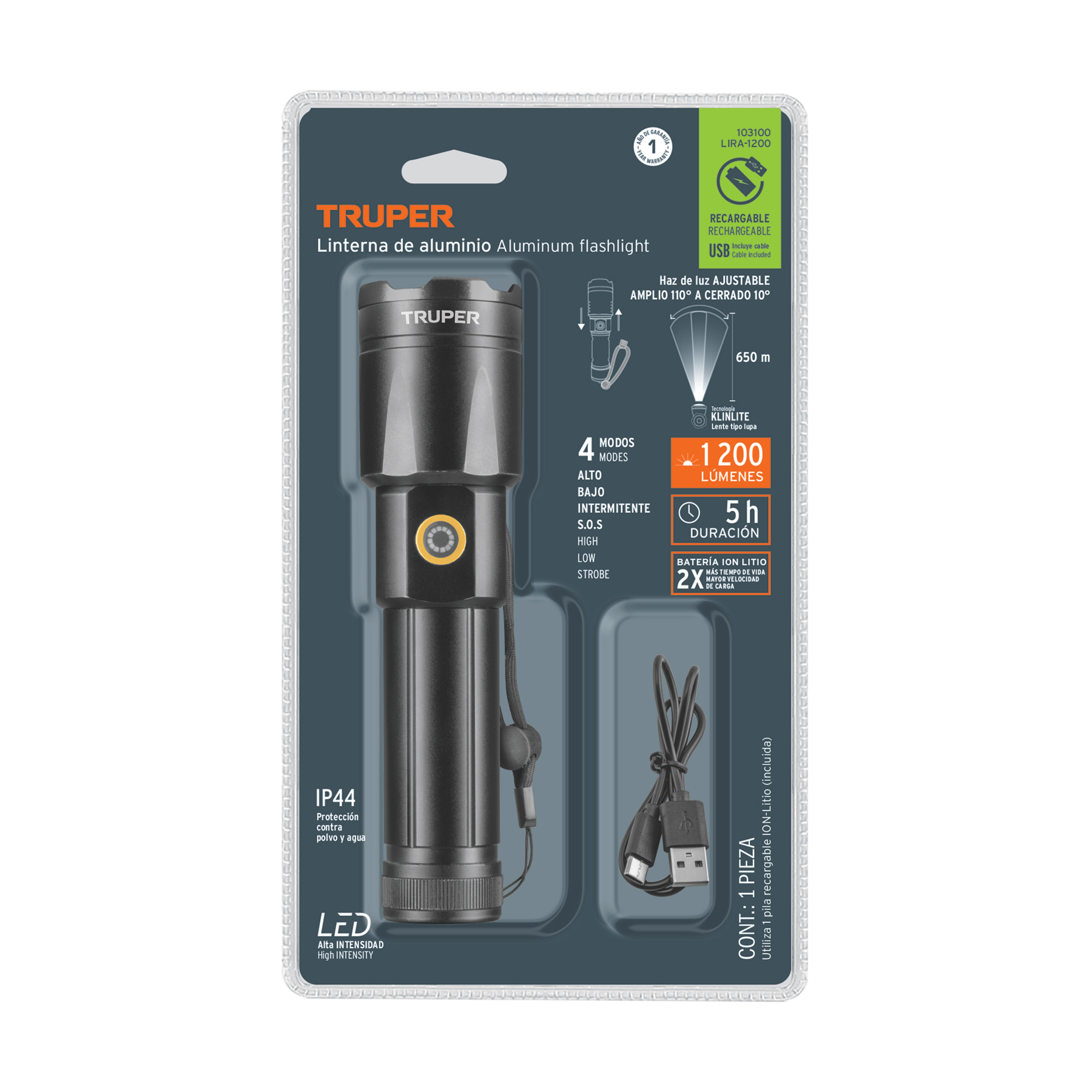 Linterna LED recargable, de aluminio, 1,200 lm, TRUPER - Imagen 7