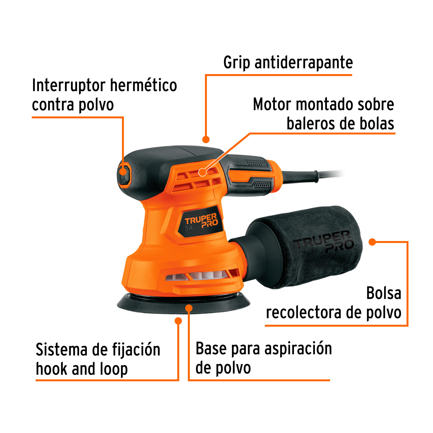 Lijadora roto orbital 5', 260W, TRUPER PRO - Imagen 2