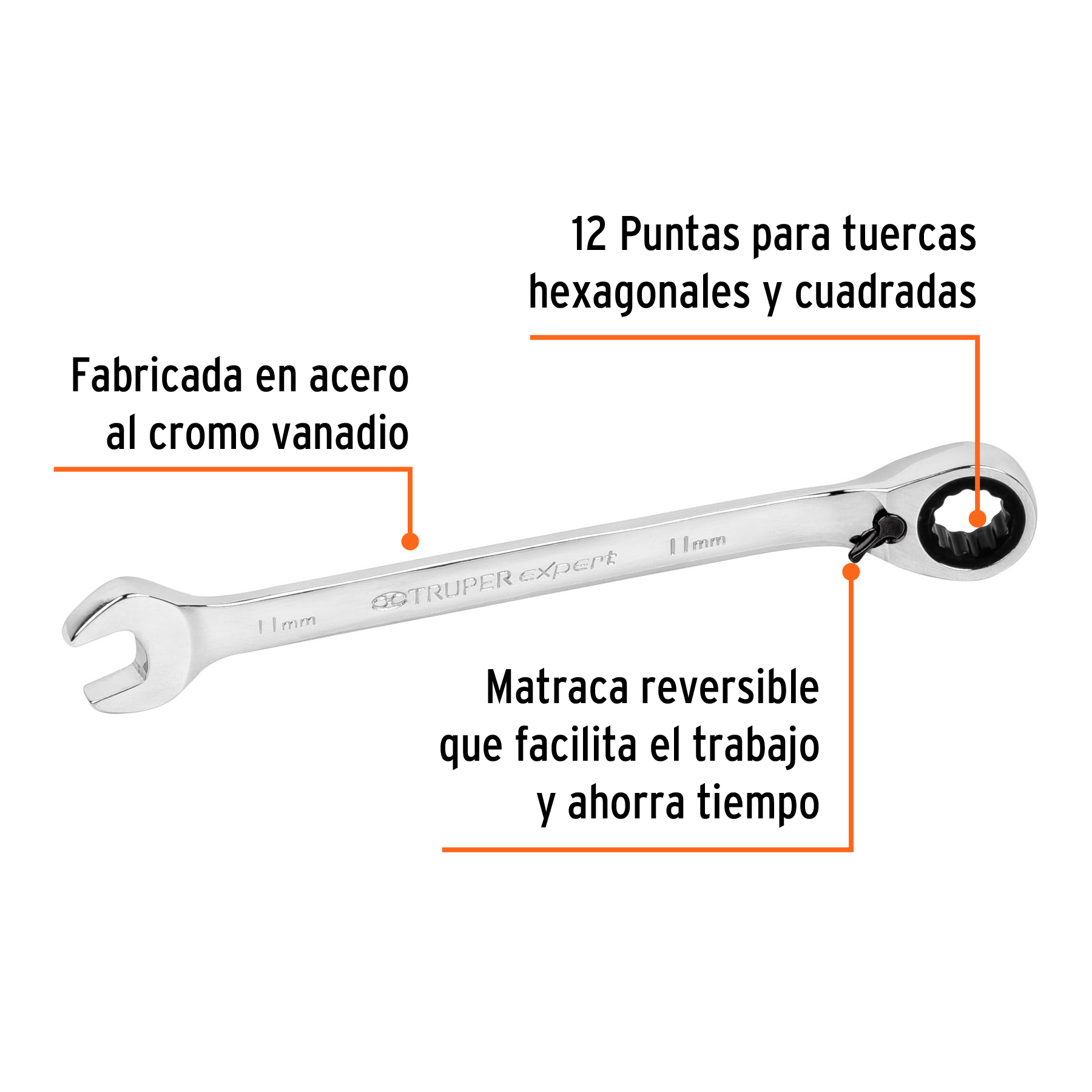 Llave combinada matraca reversible 11mmx160 mm largo, EXPERT - Imagen 2