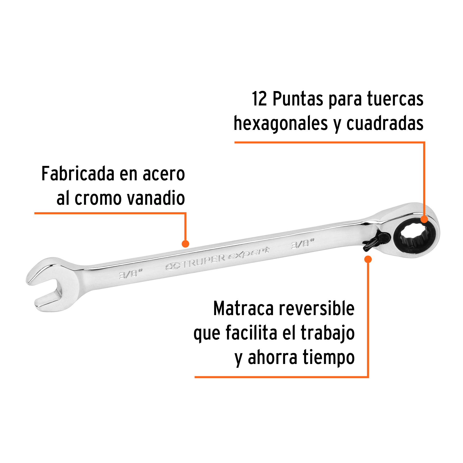 Llave combinada matraca reversible 3/8'x158 mm largo, EXPERT - Imagen 2