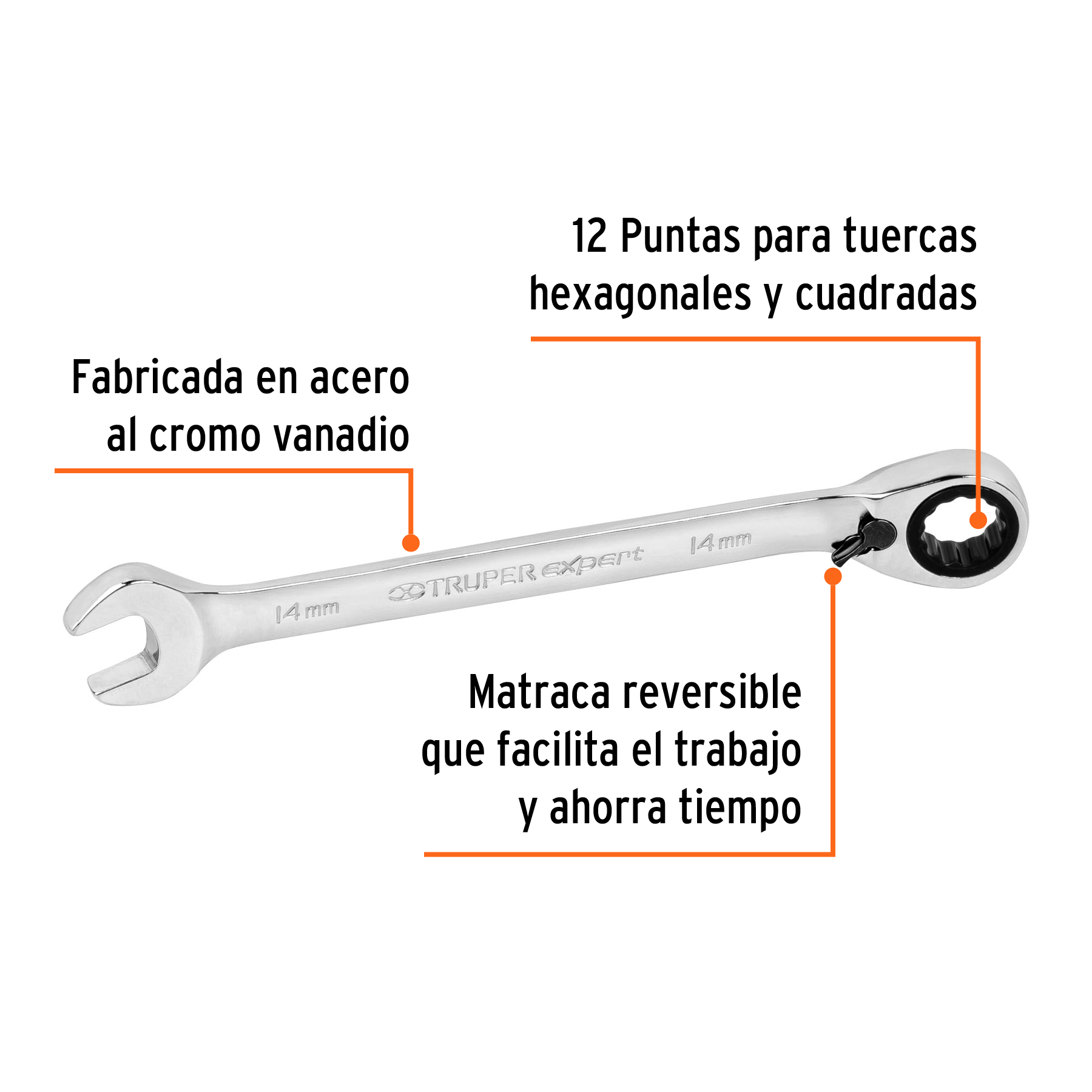 Llave combinada matraca reversible 14mmx188 mm largo, EXPERT - Imagen 2