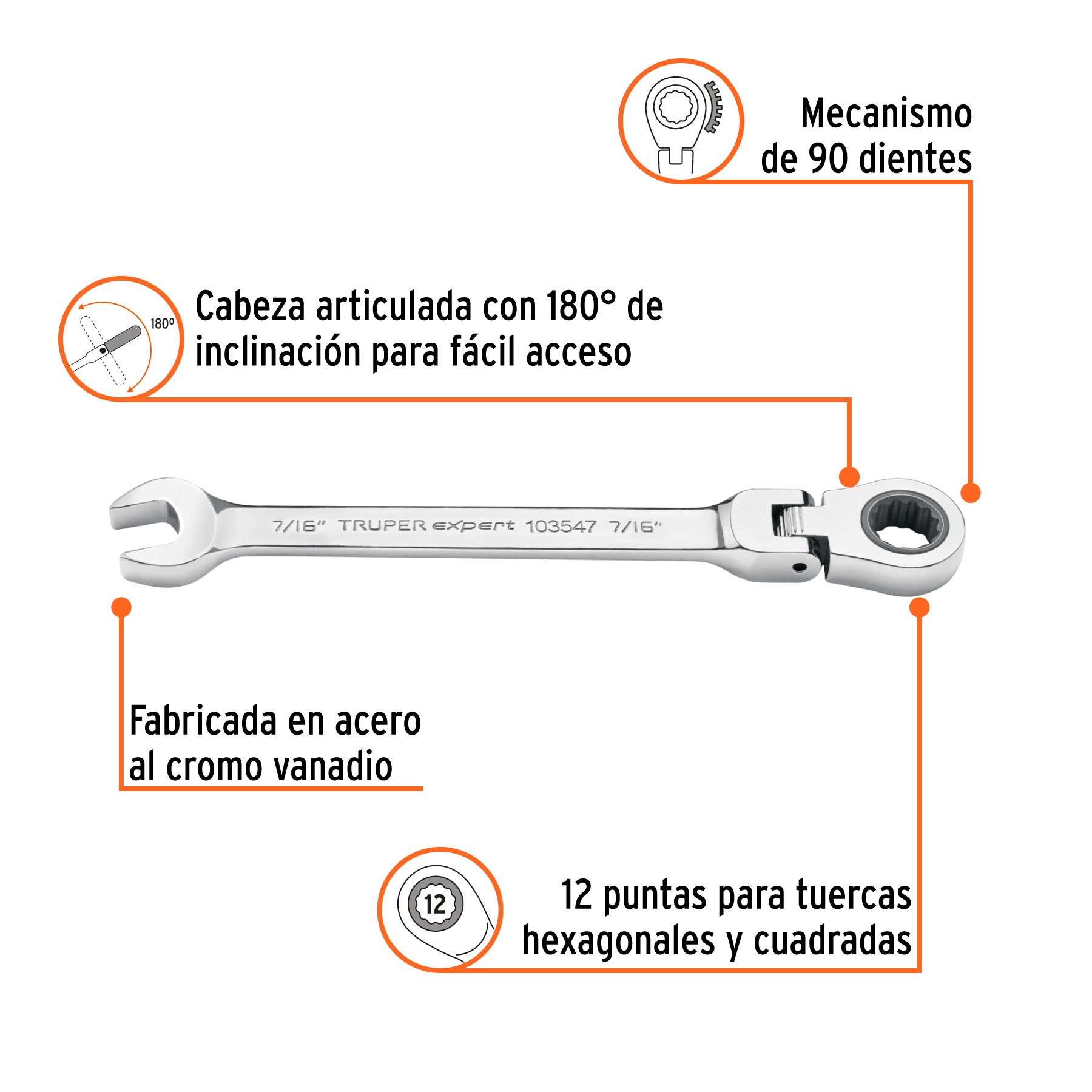Llave combinada con matraca 7/16' flexible, EXPERT - Imagen 2