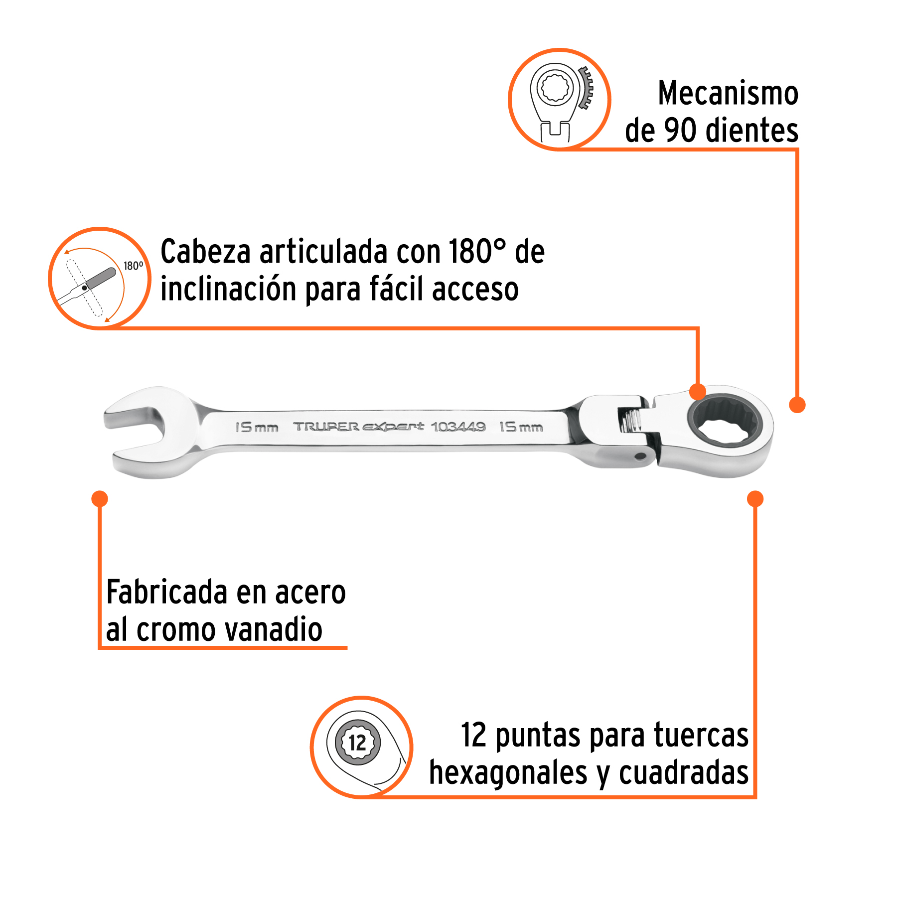 Llave combinada con matraca 15 mm flexible, EXPERT - Imagen 2