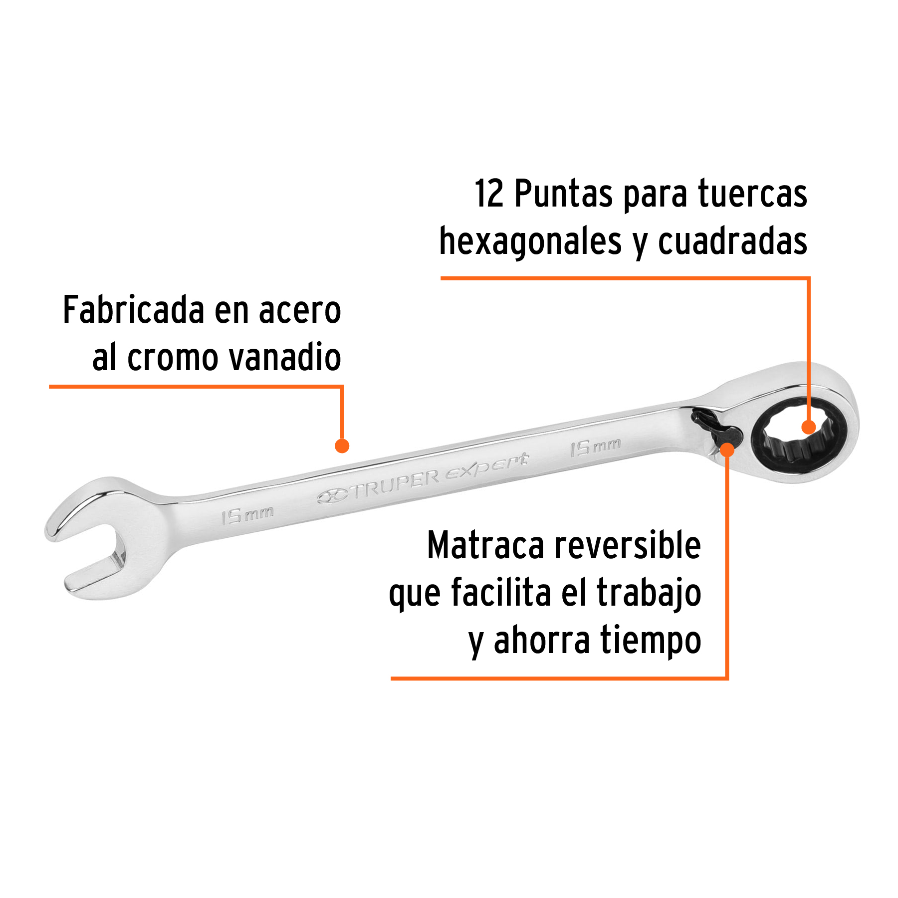 Llave combinada matraca reversible 15mmx198 mm largo, EXPERT - Imagen 2