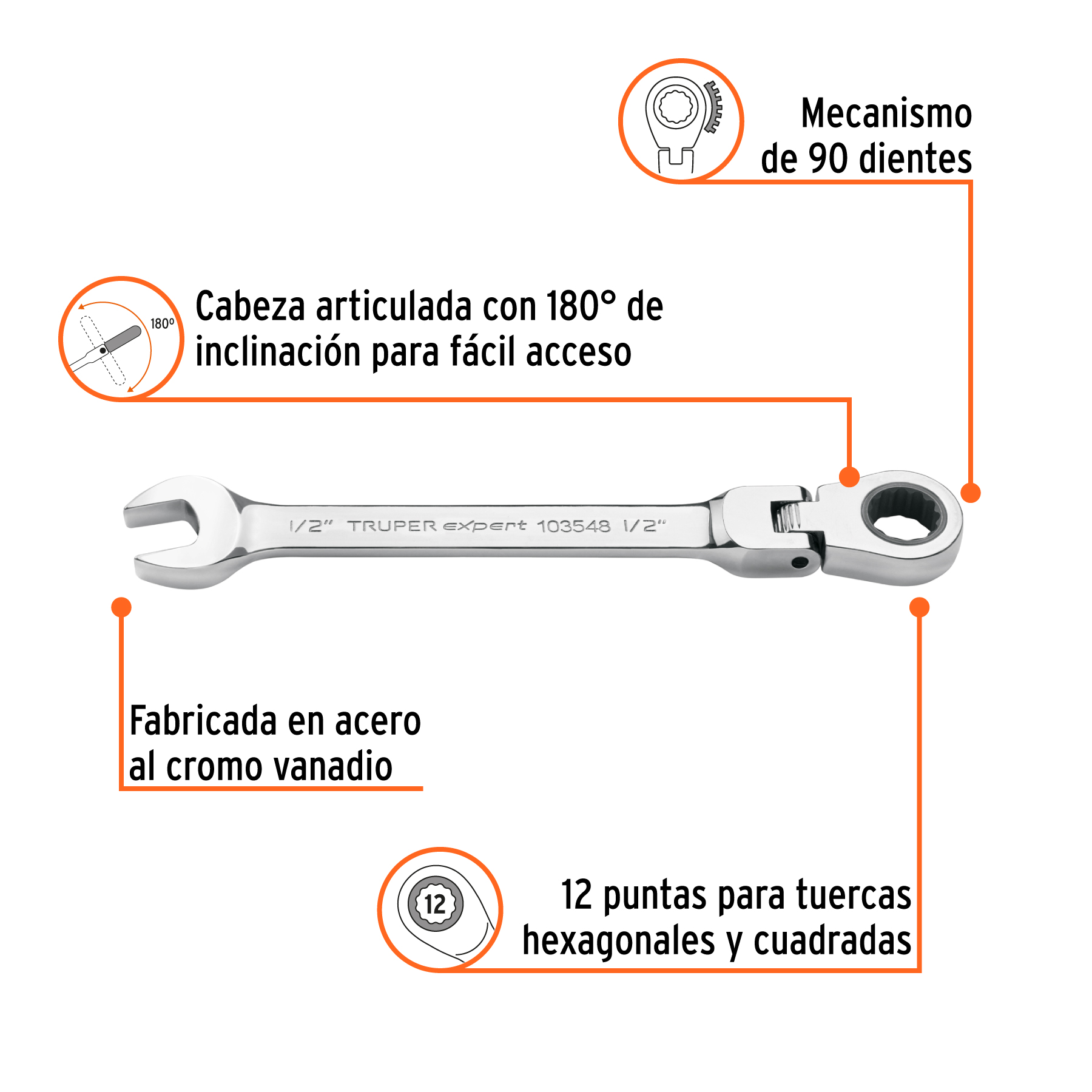 Llave combinada con matraca 1/2' flexible, EXPERT - Imagen 2