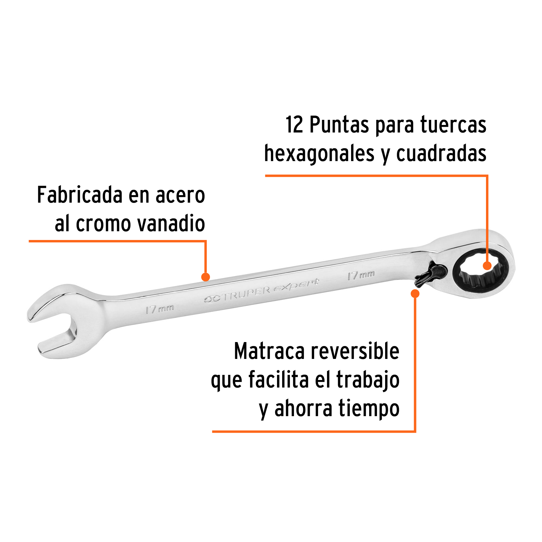 Llave combinada matraca reversible 17mmx223 mm largo, EXPERT - Imagen 2