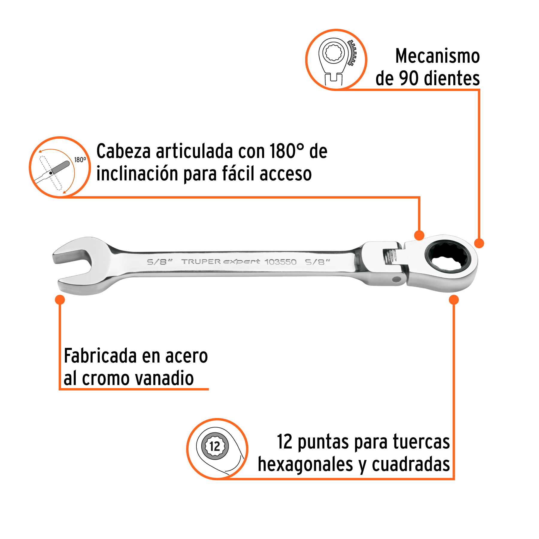 Llave combinada con matraca 5/8' flexible, EXPERT - Imagen 2