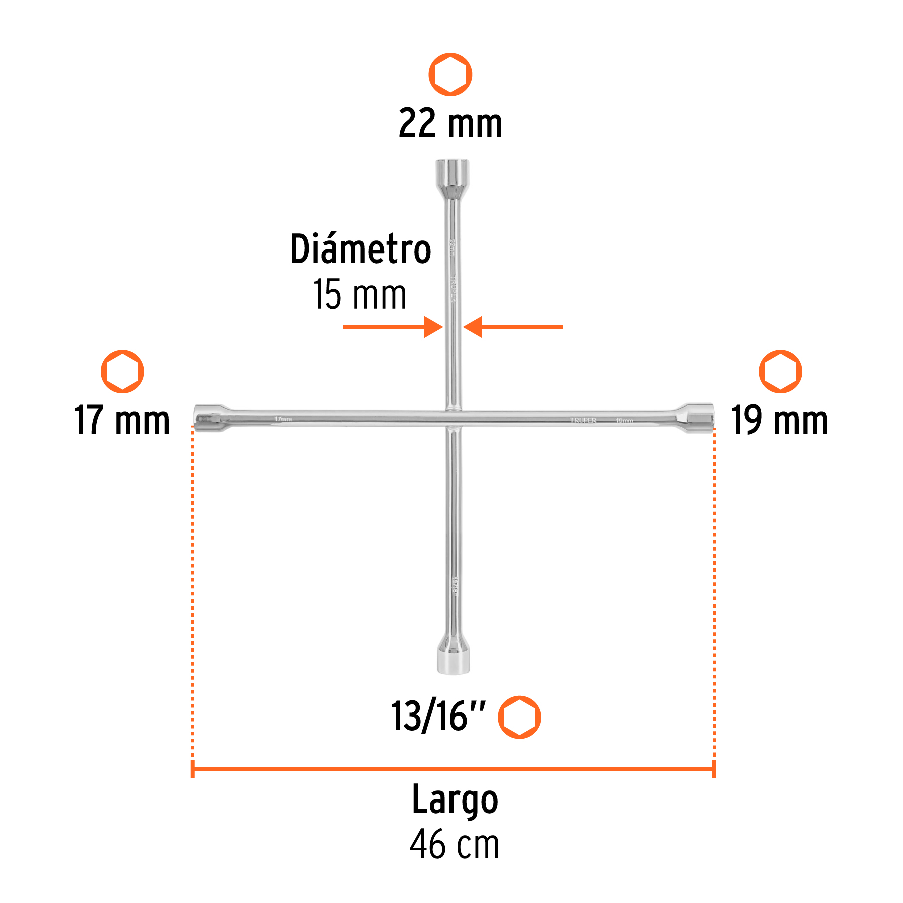 Llave de cruz 18", bocas 17, 19, 22 mm y 13/16", TRUPER - Imagen 2
