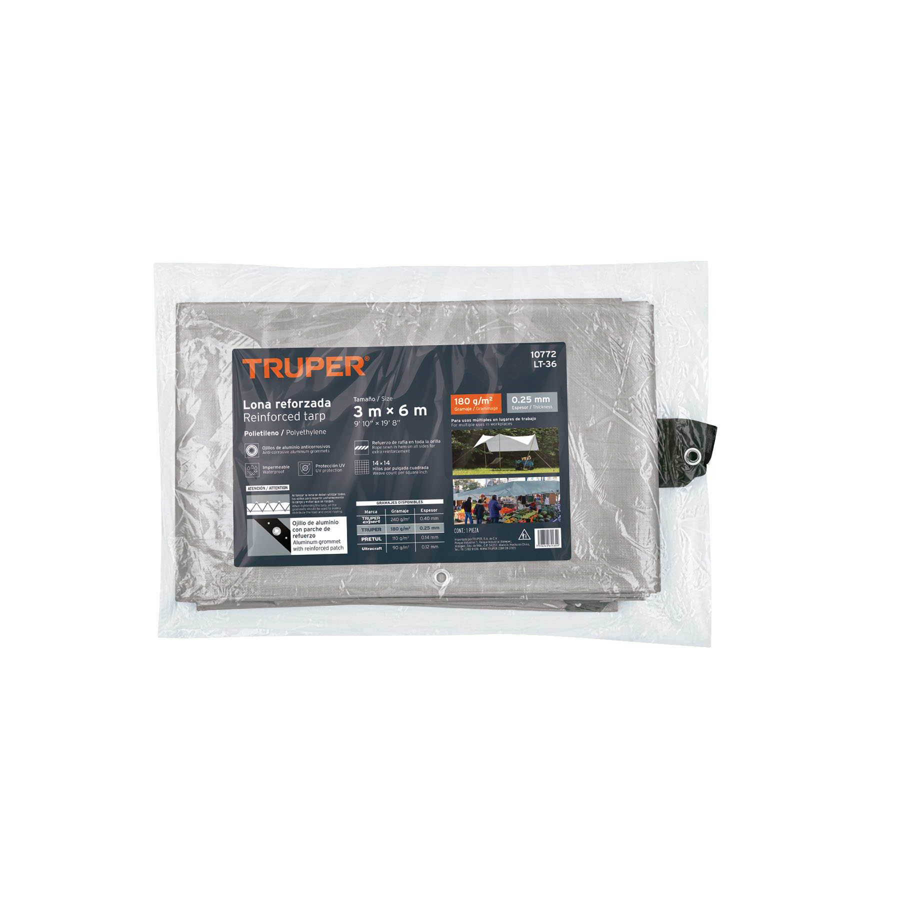 Lona de polietileno reforzada 3 x 6 m, gris, 180g/m2, TRUPER - Imagen 3