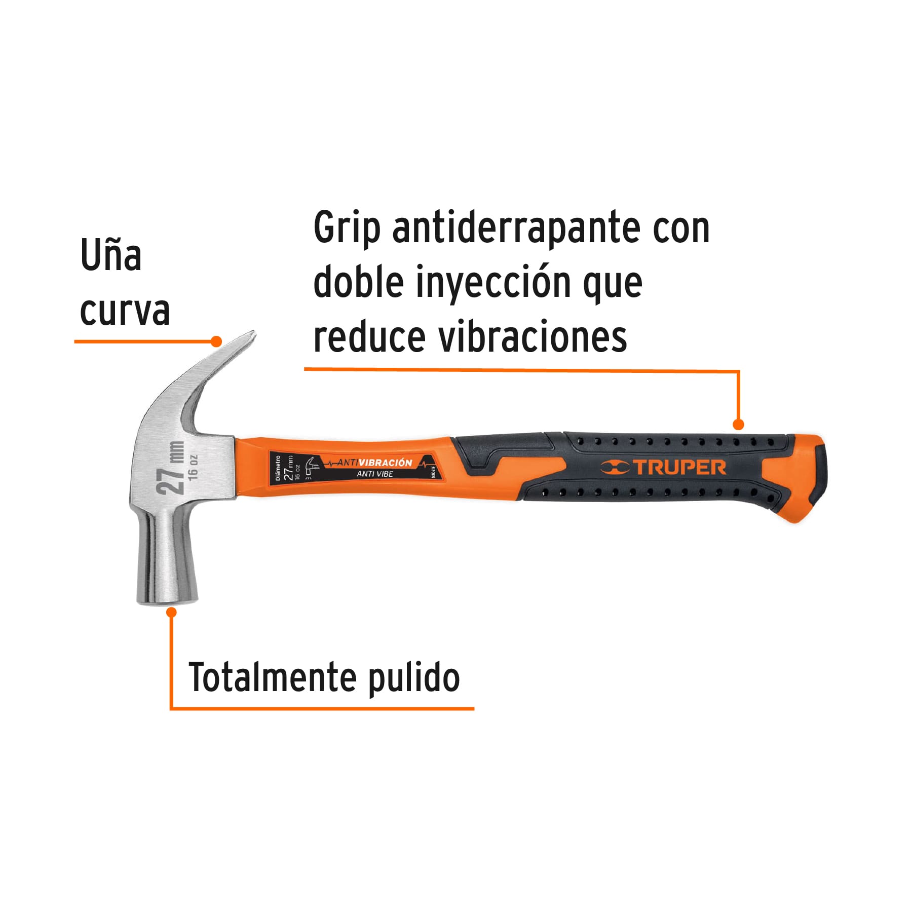 Martillo cabeza cónica 27 mm uña curva, mango fibra vidrio - Imagen 2