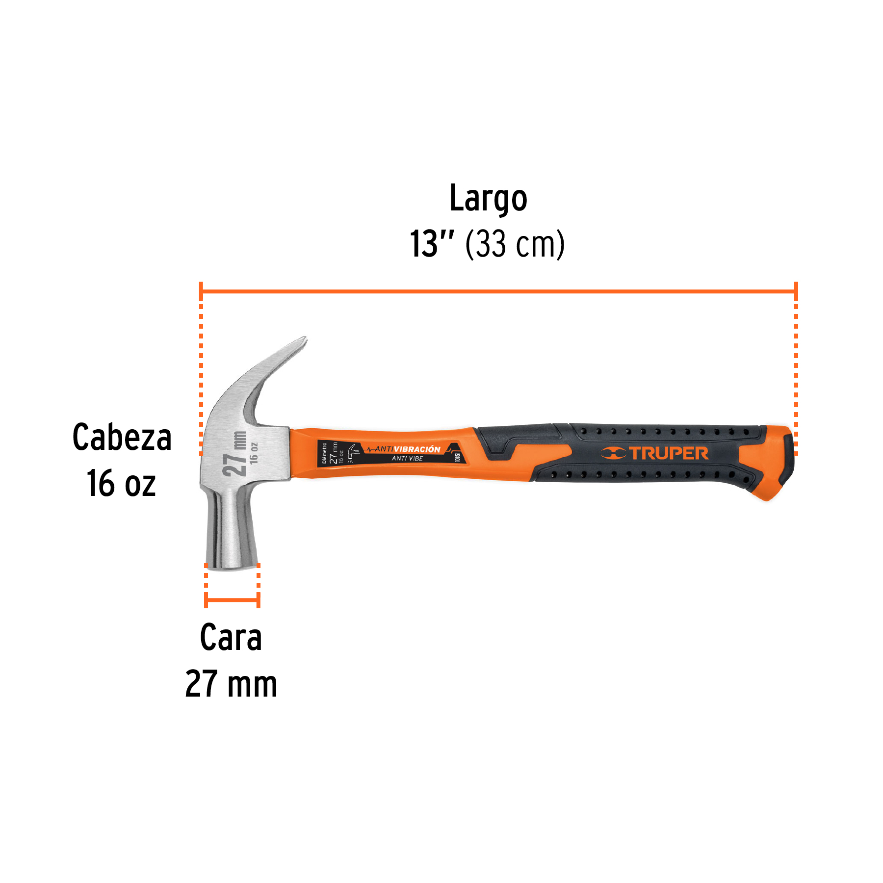 Martillo cabeza cónica 27 mm uña curva, mango fibra vidrio - Imagen 3