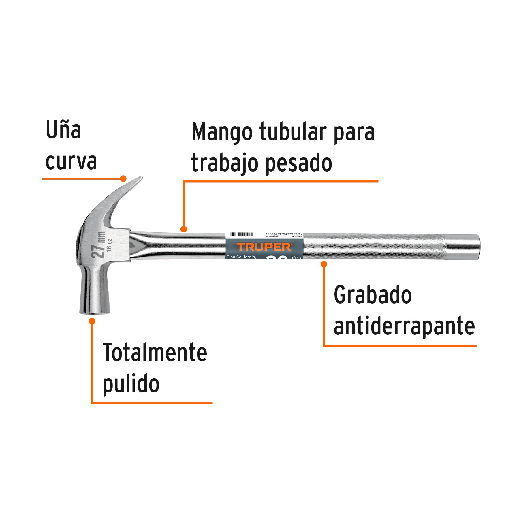 Martillo cabeza cónica 27 mm uña curva, mango tubular,TRUPER - Imagen 2