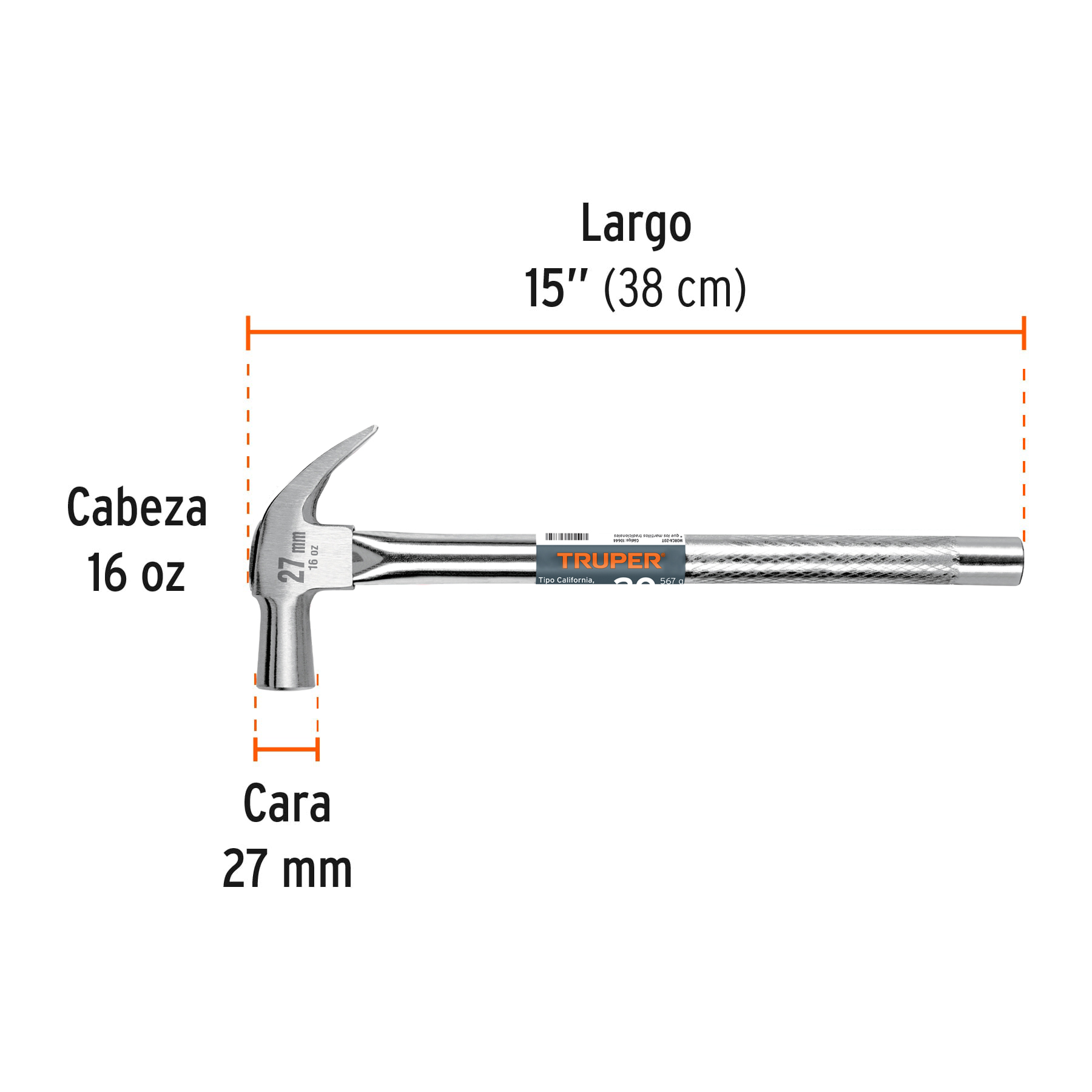 Martillo cabeza cónica 27 mm uña curva, mango tubular,TRUPER - Imagen 3