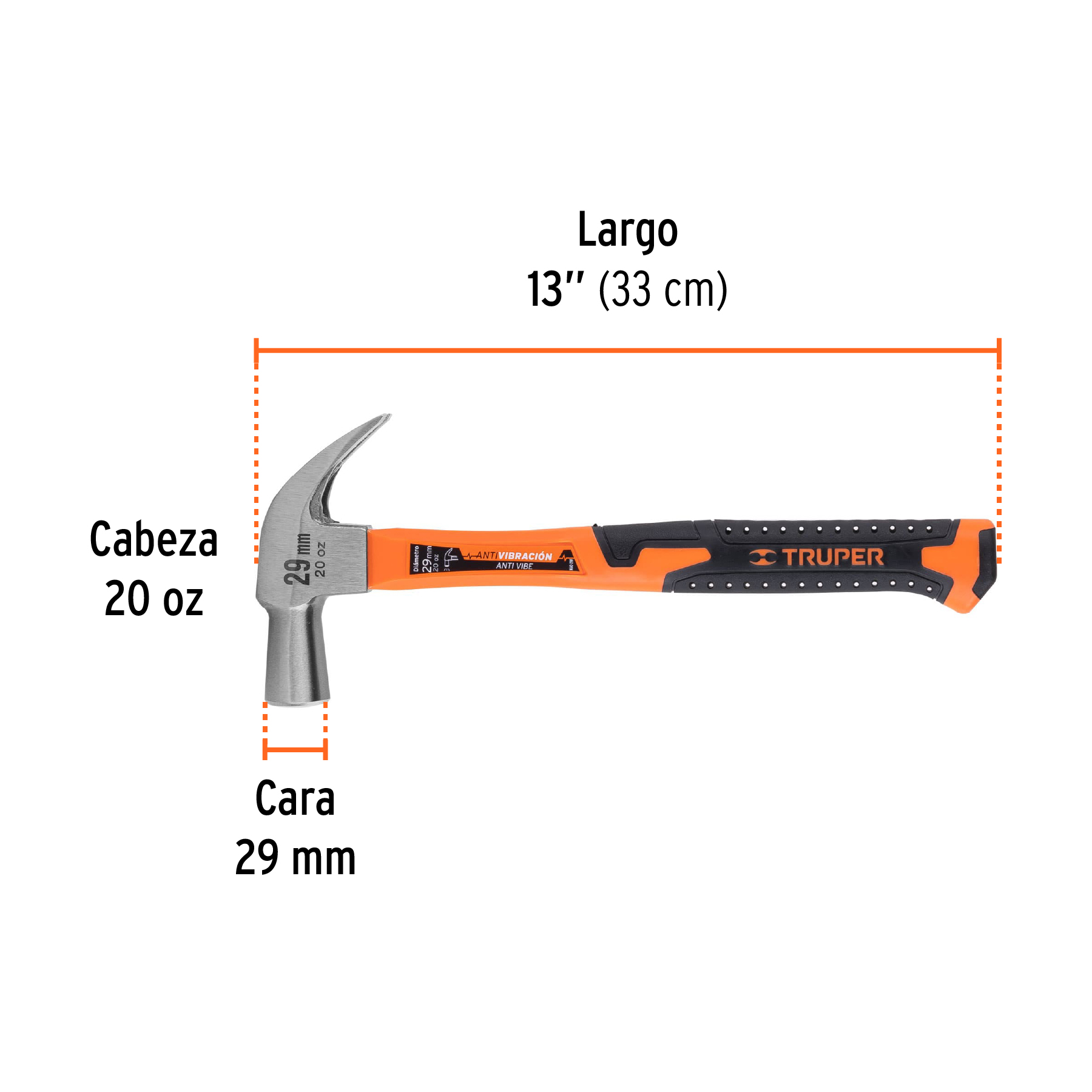 Martillo cabeza cónica 29 mm uña curva, mango fibra vidrio - Imagen 3