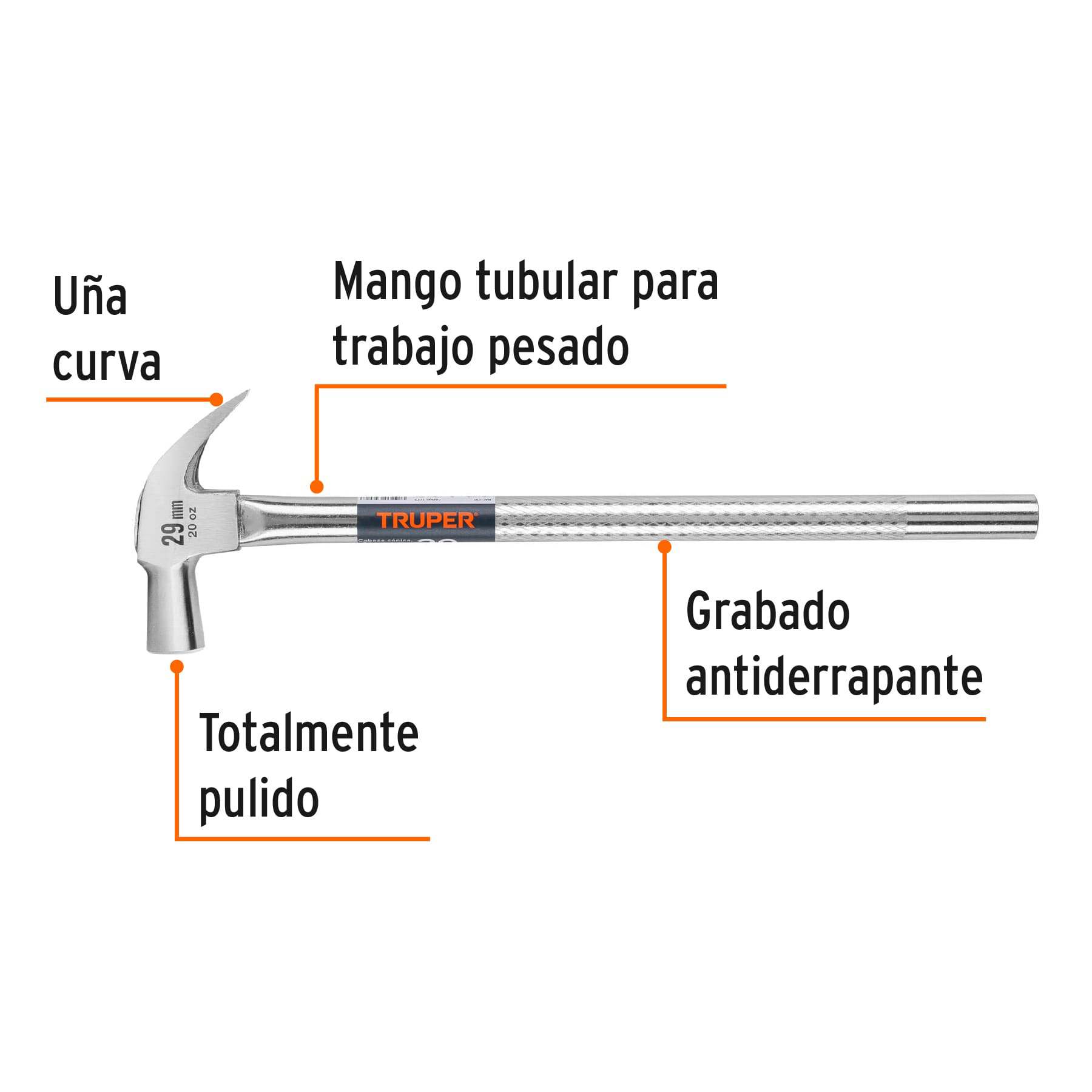 Martillo cabeza cónica 29 mm uña curva, mango tubular,TRUPER - Imagen 2