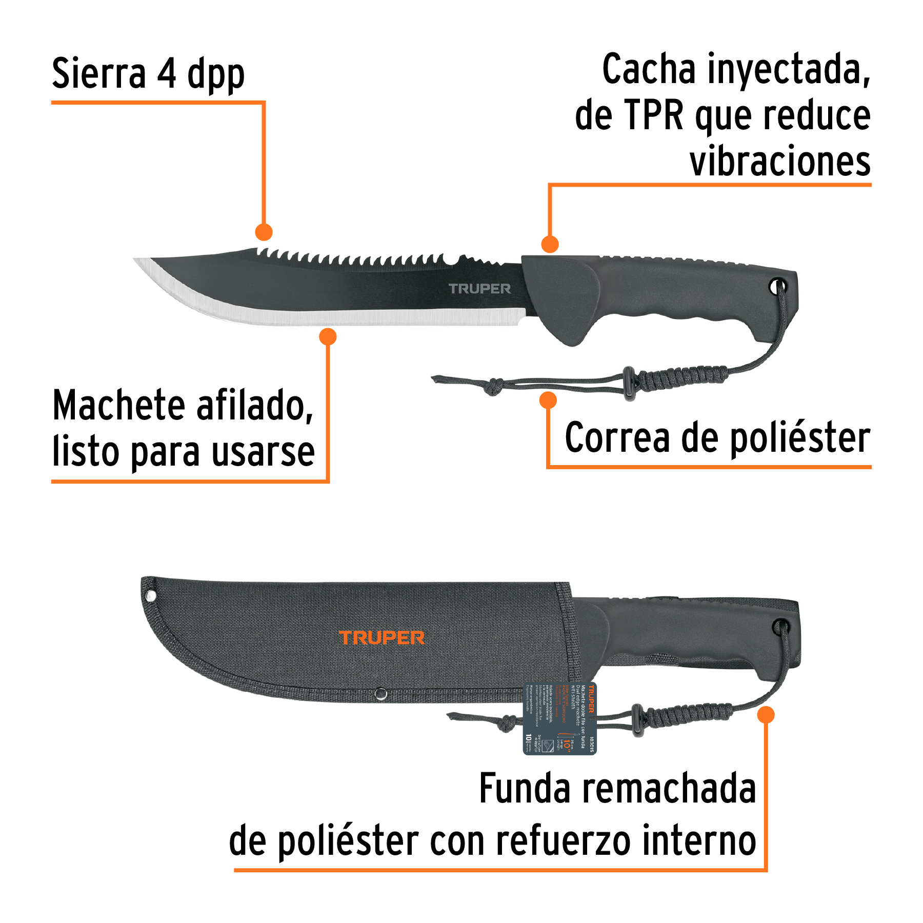 Machete doble filo 10', cacha inyectada, con funda, TRUPER - Imagen 2