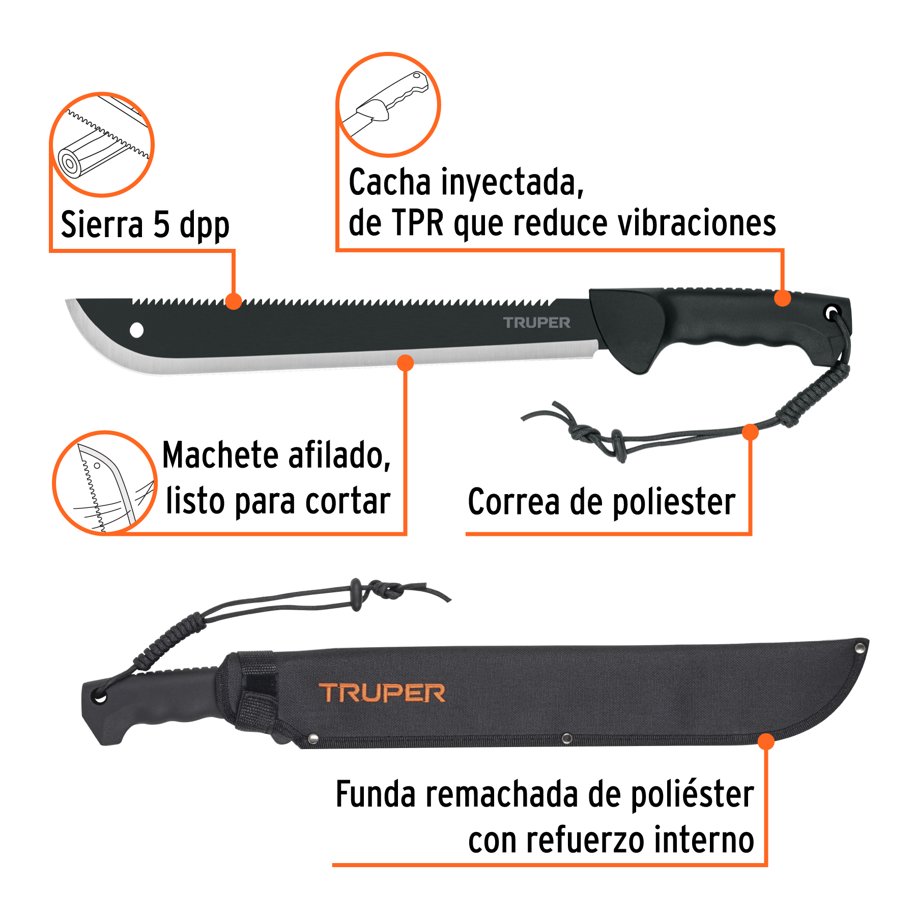 Machete doble filo 14', cacha inyectada, con funda, TRUPER - Imagen 2