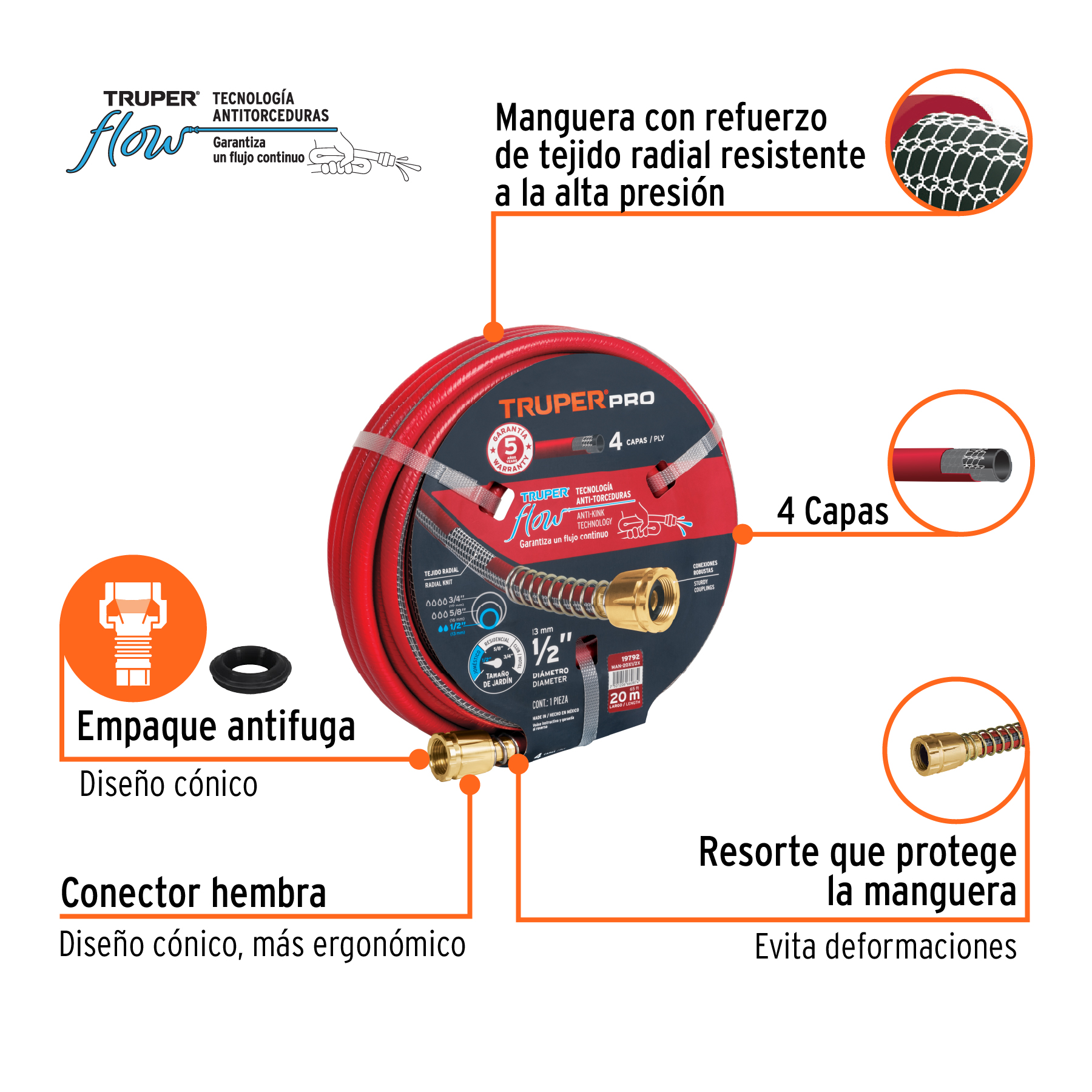 Manguera 1/2' super reforzada 4 capas 20 m conexiones metal - Imagen 2
