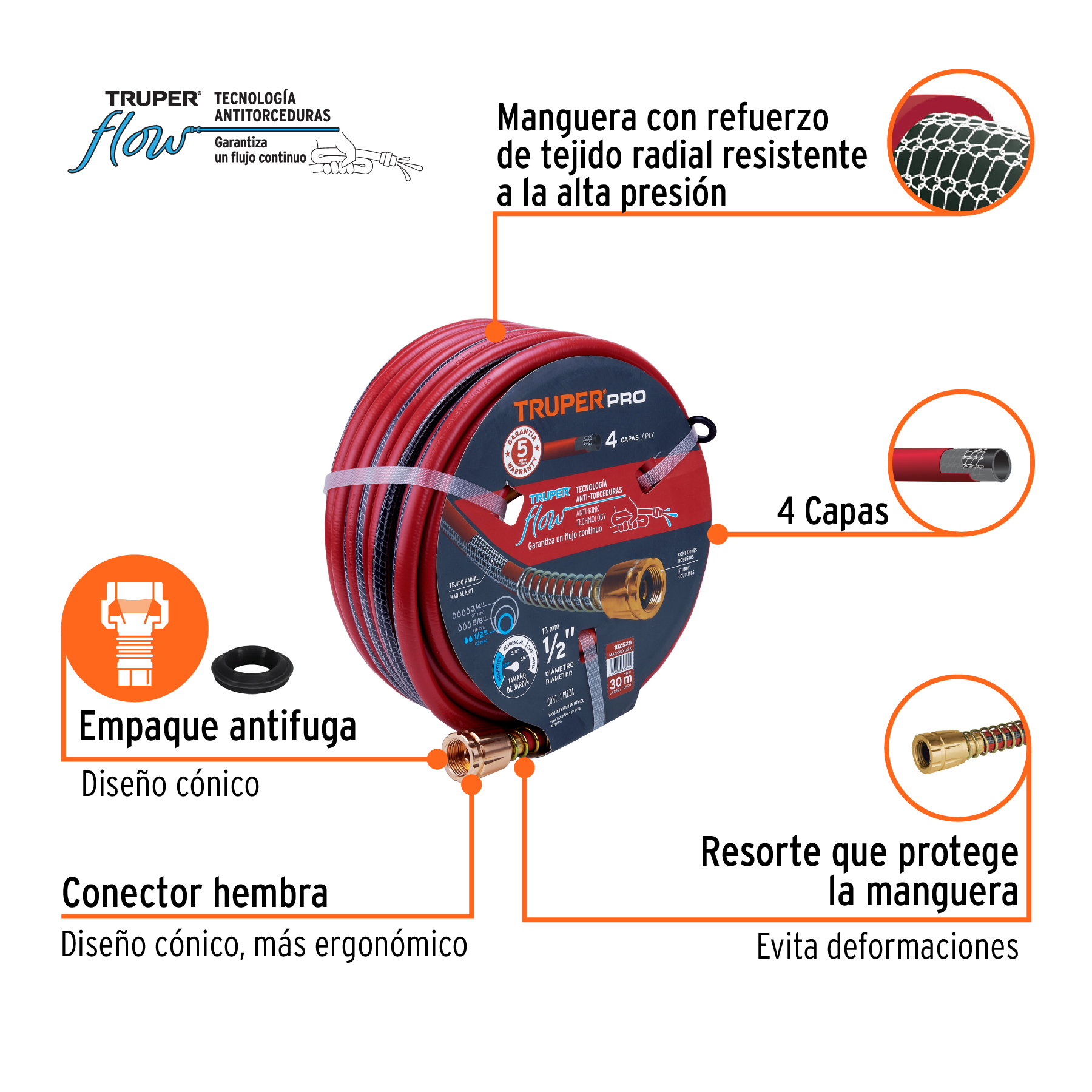 Manguera 1/2' super reforzada 4 capas 30 m conexiones metal - Imagen 2