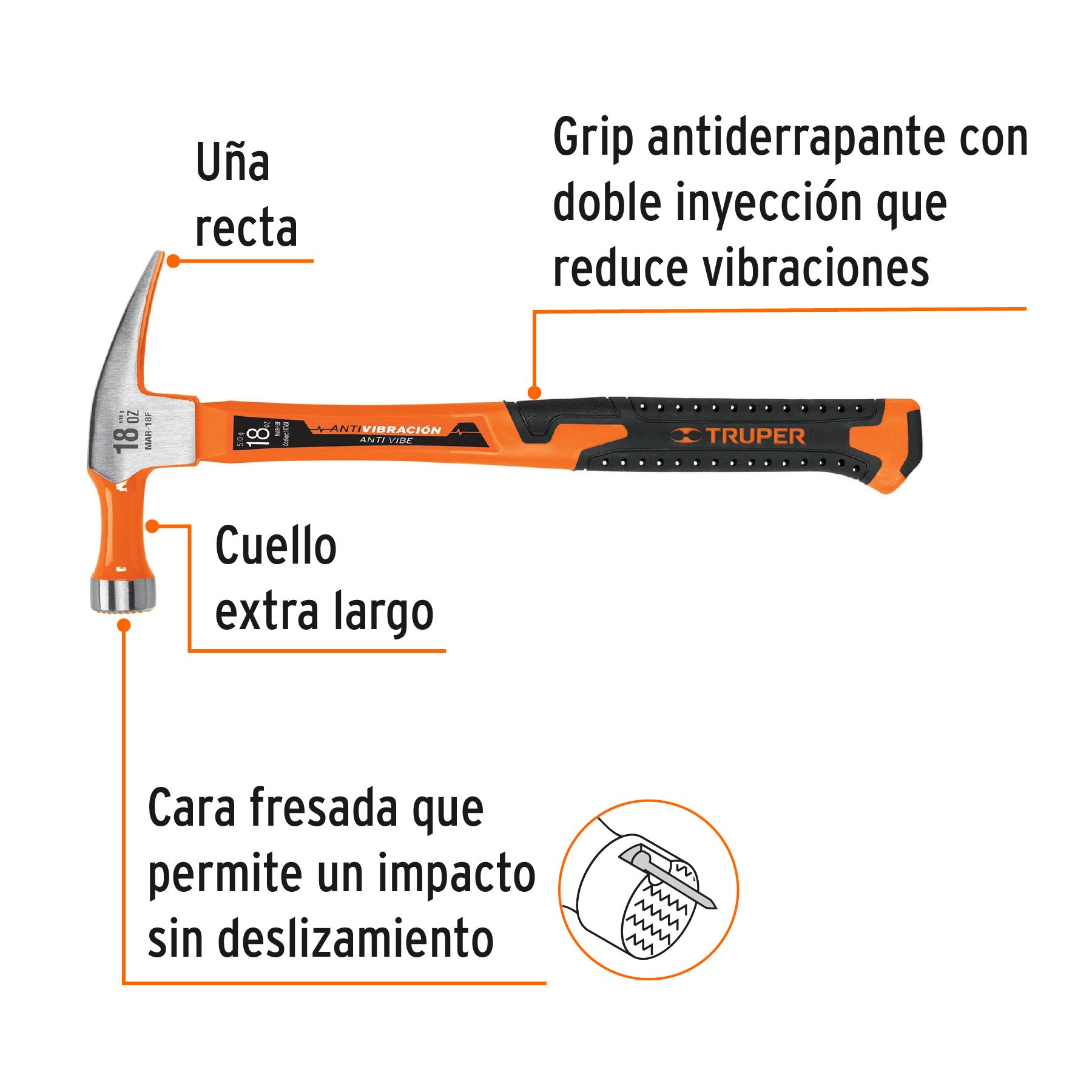 Martillo 18 oz uña recta, mango fibra de vidrio, TRUPER - Imagen 2