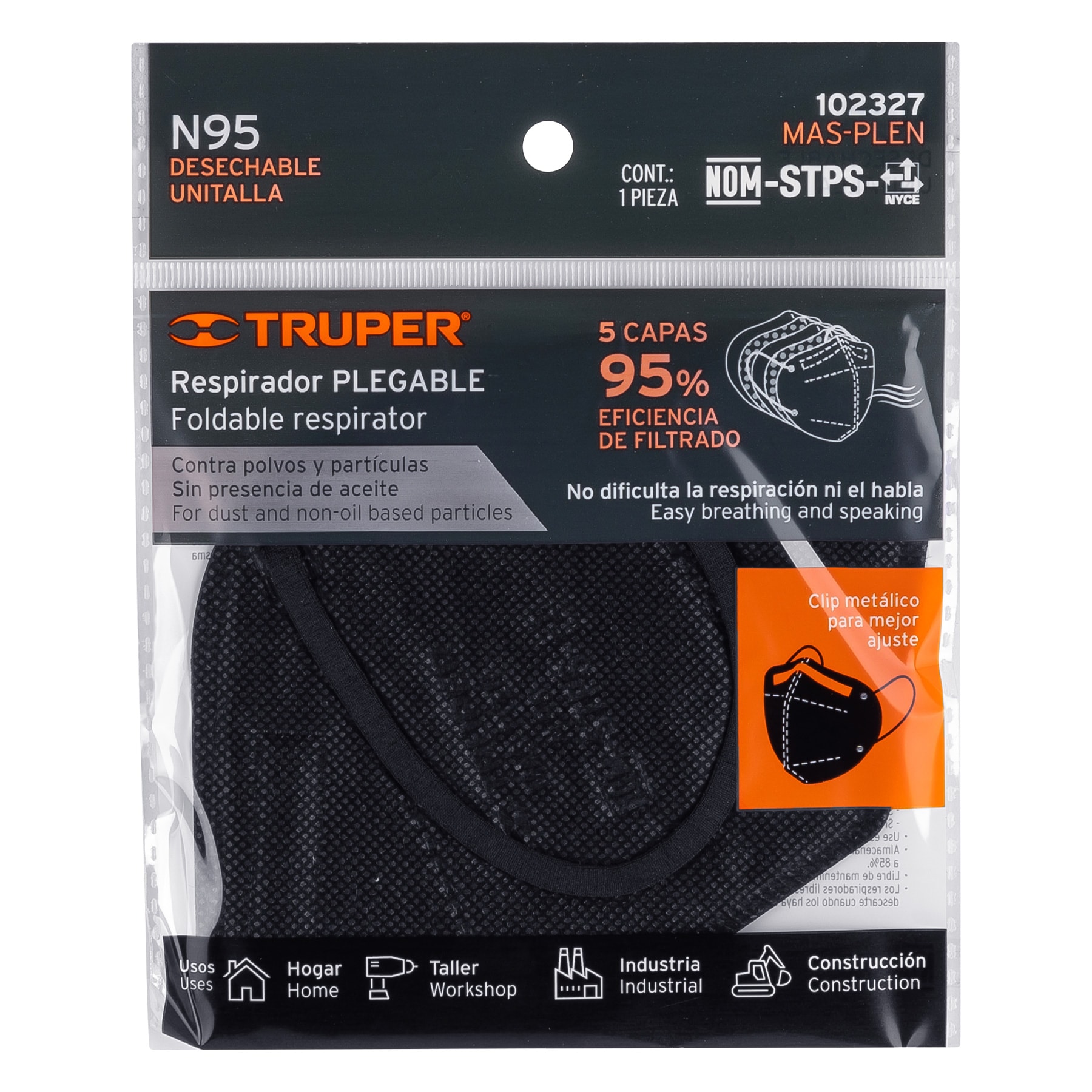 Respirador plegable N95 negro para polvos y partículas - Imagen 3