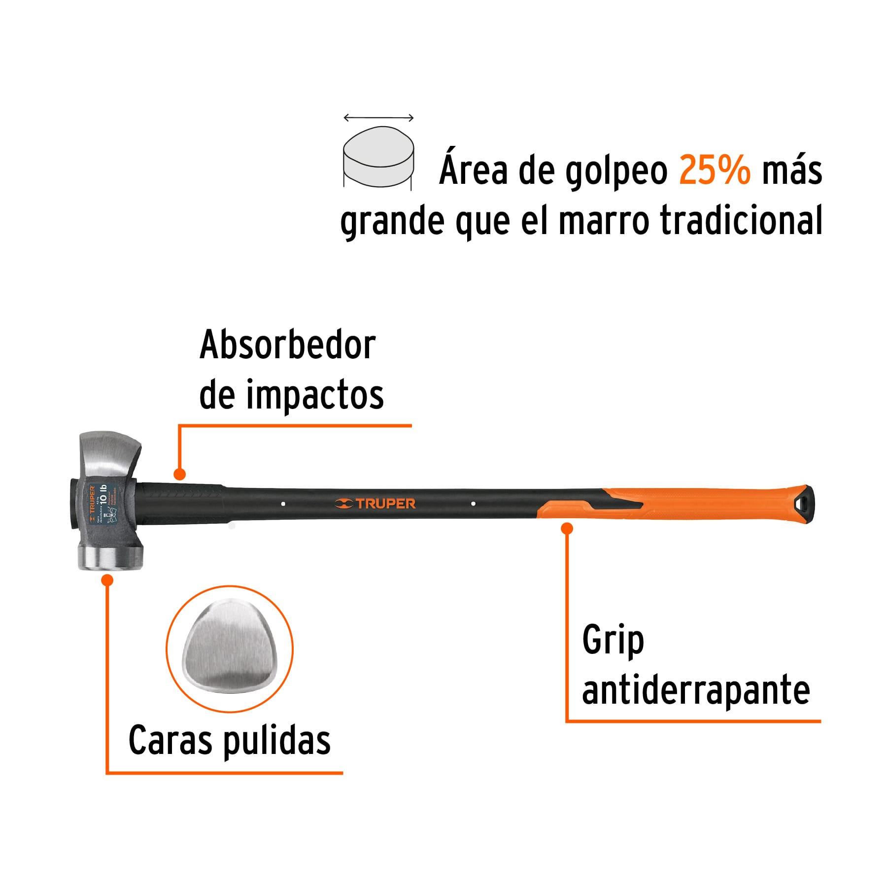 Marro demoledor 10 lb, mango fibra de vidrio 36', TRUPER - Imagen 2