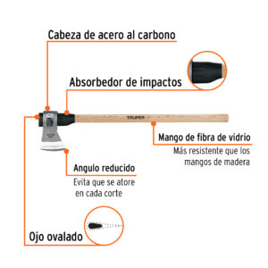Alternative view of Hacha media labor 3 lb, mango de madera 36', TRUPER