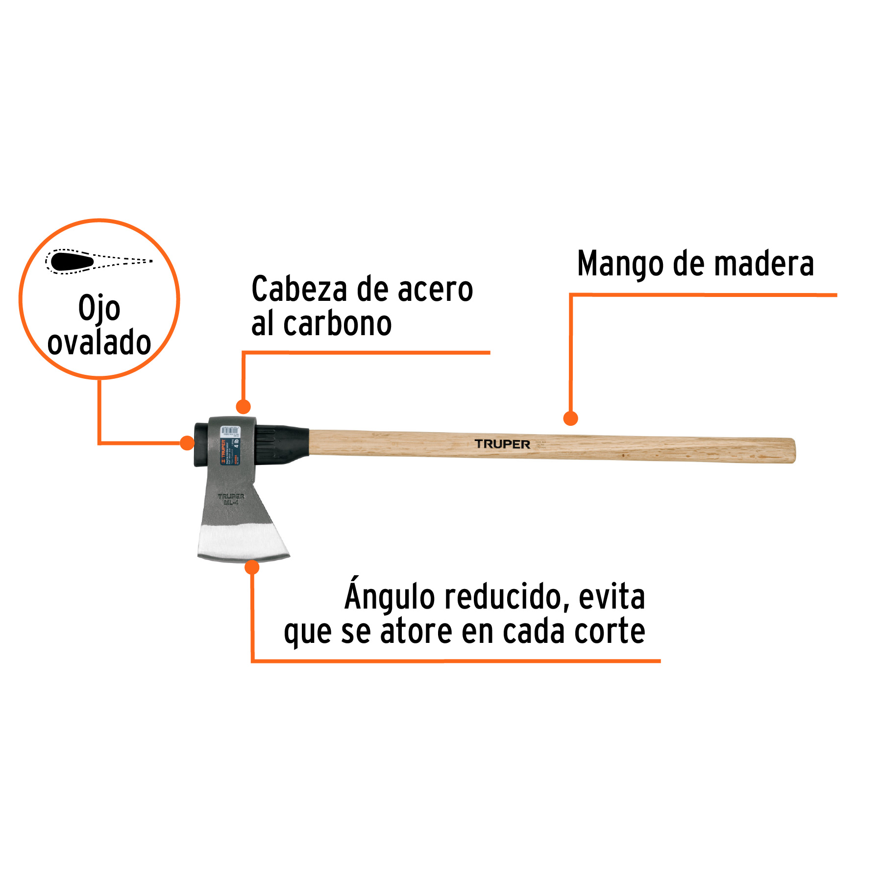 Hacha media labor 4 lb, mango de madera 36', TRUPER - Imagen 2