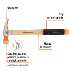 Alternative view of Martillo pulido 24 oz uña recta, boca fresada, TRUPER Grip
