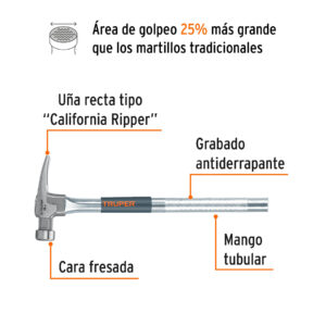 Alternative view of Martillo tubular 16 oz uña California Ripper, cara fresada