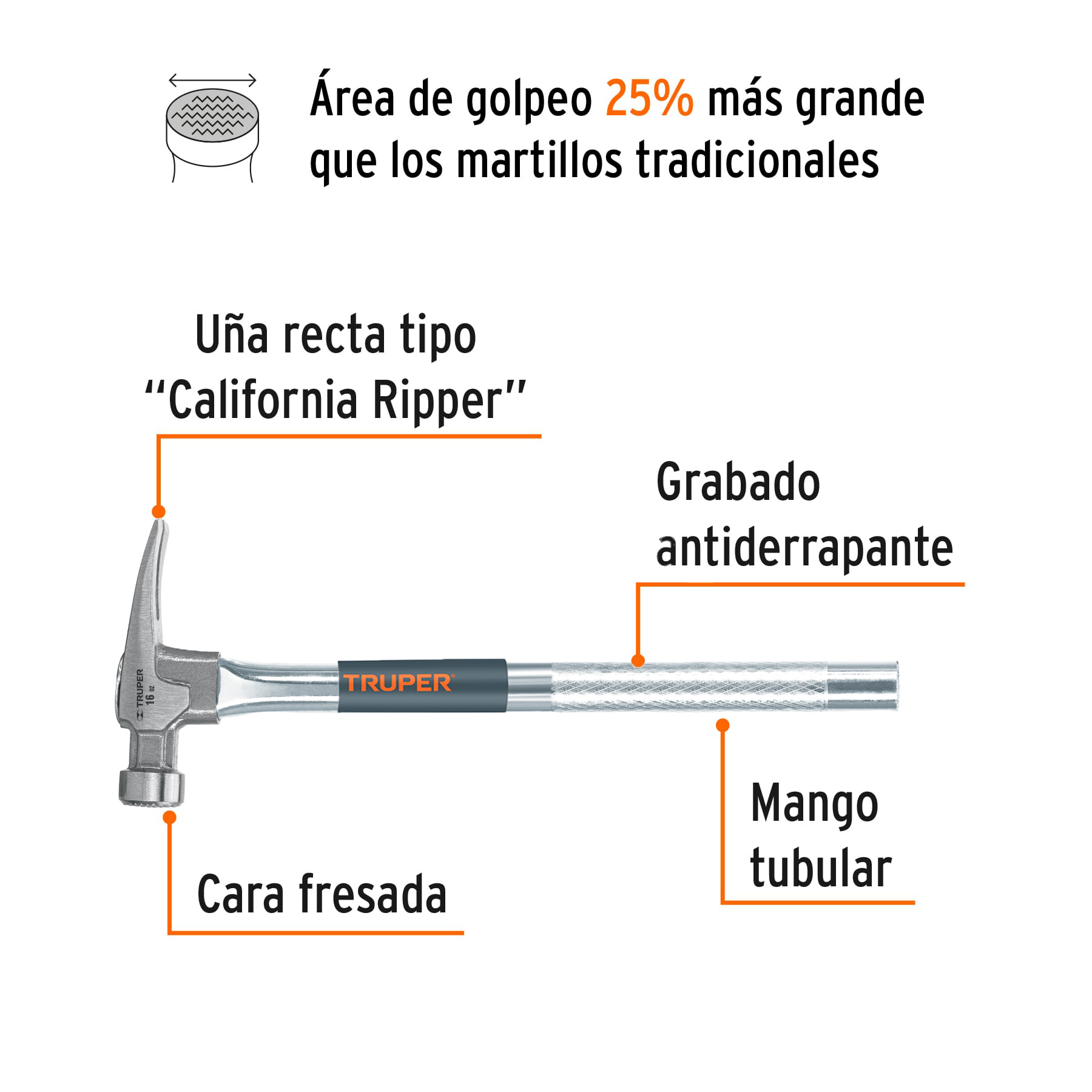 Martillo tubular 16 oz uña California Ripper, cara fresada - Imagen 2