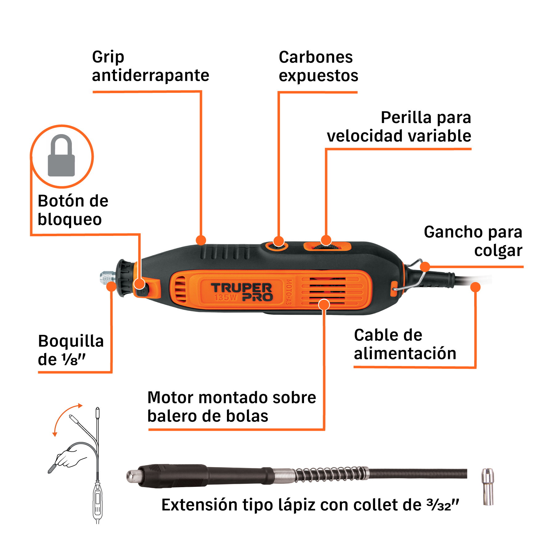 Herramienta rotativa 135W con 97 accesorios, TRUPER PRO - Imagen 2
