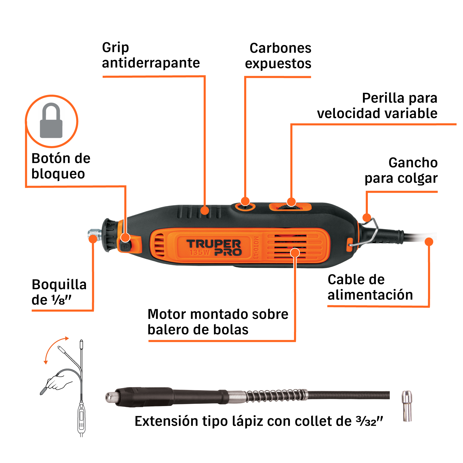 Herramienta rotativa 135W con 211 accesorios, TRUPER PRO - Imagen 2