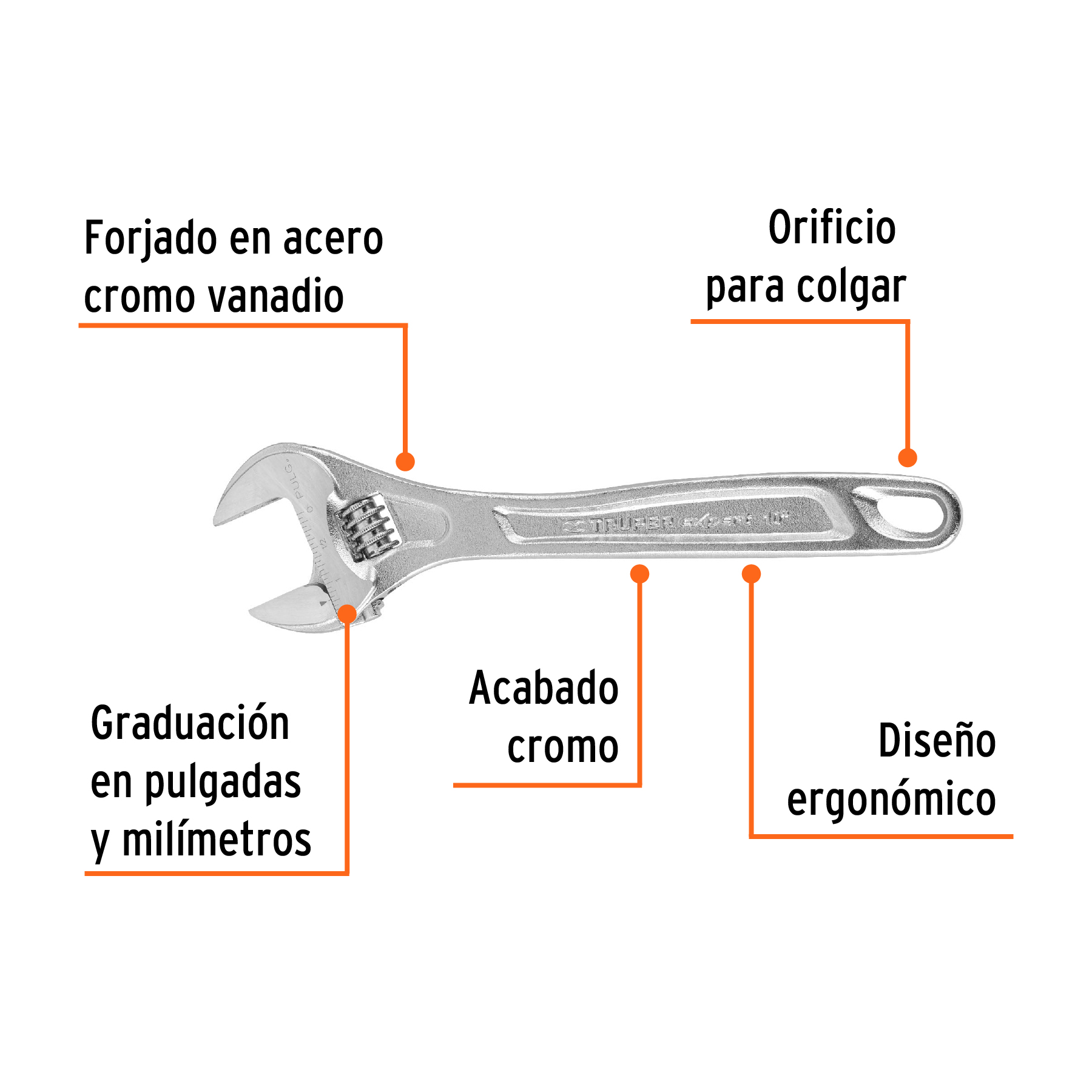 Llave ajustable (perico) 10' profesional cromada, EXPERT - Imagen 2