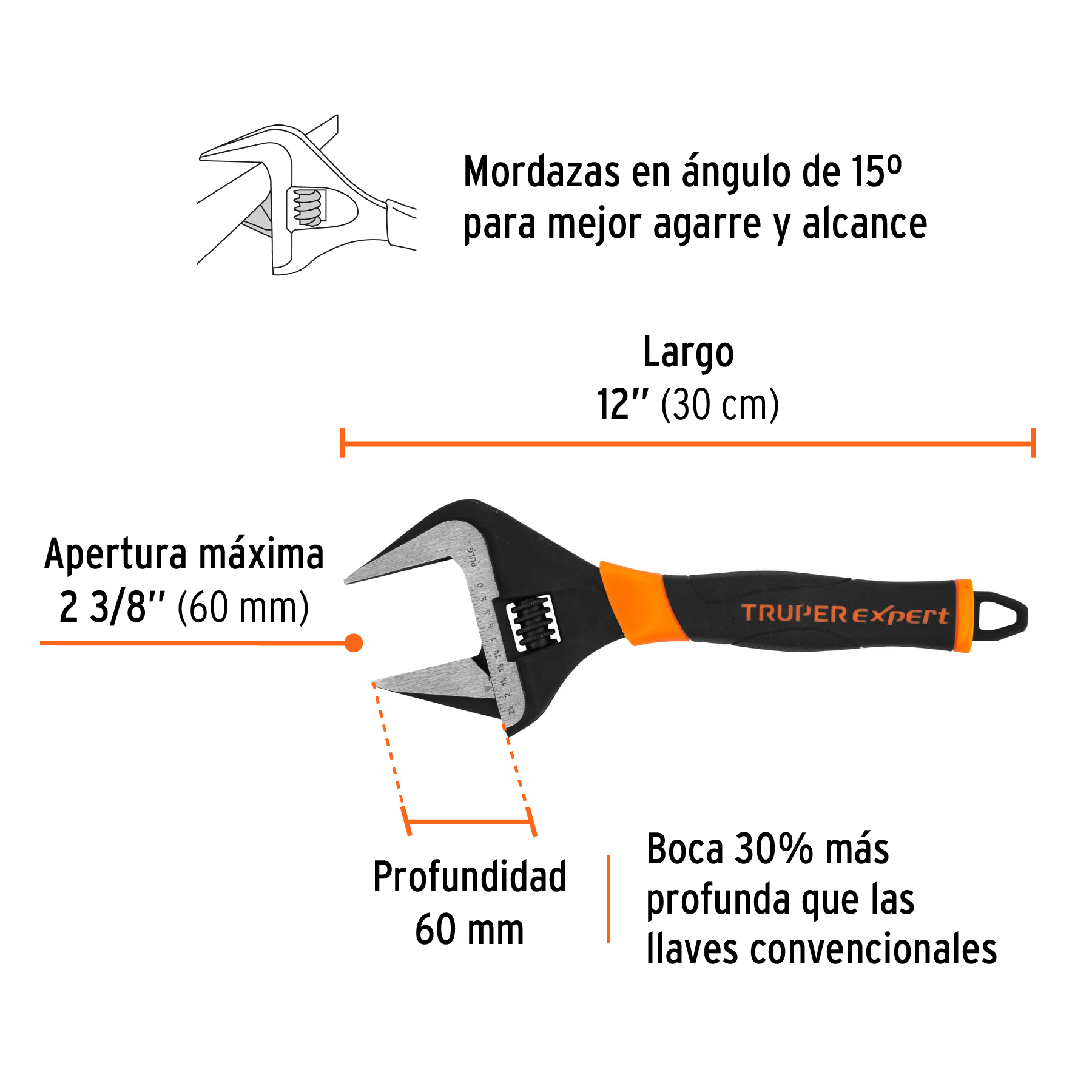 Llave ajustable (perico) 12' boca ancha Comfort Grip, EXPERT - Imagen 3