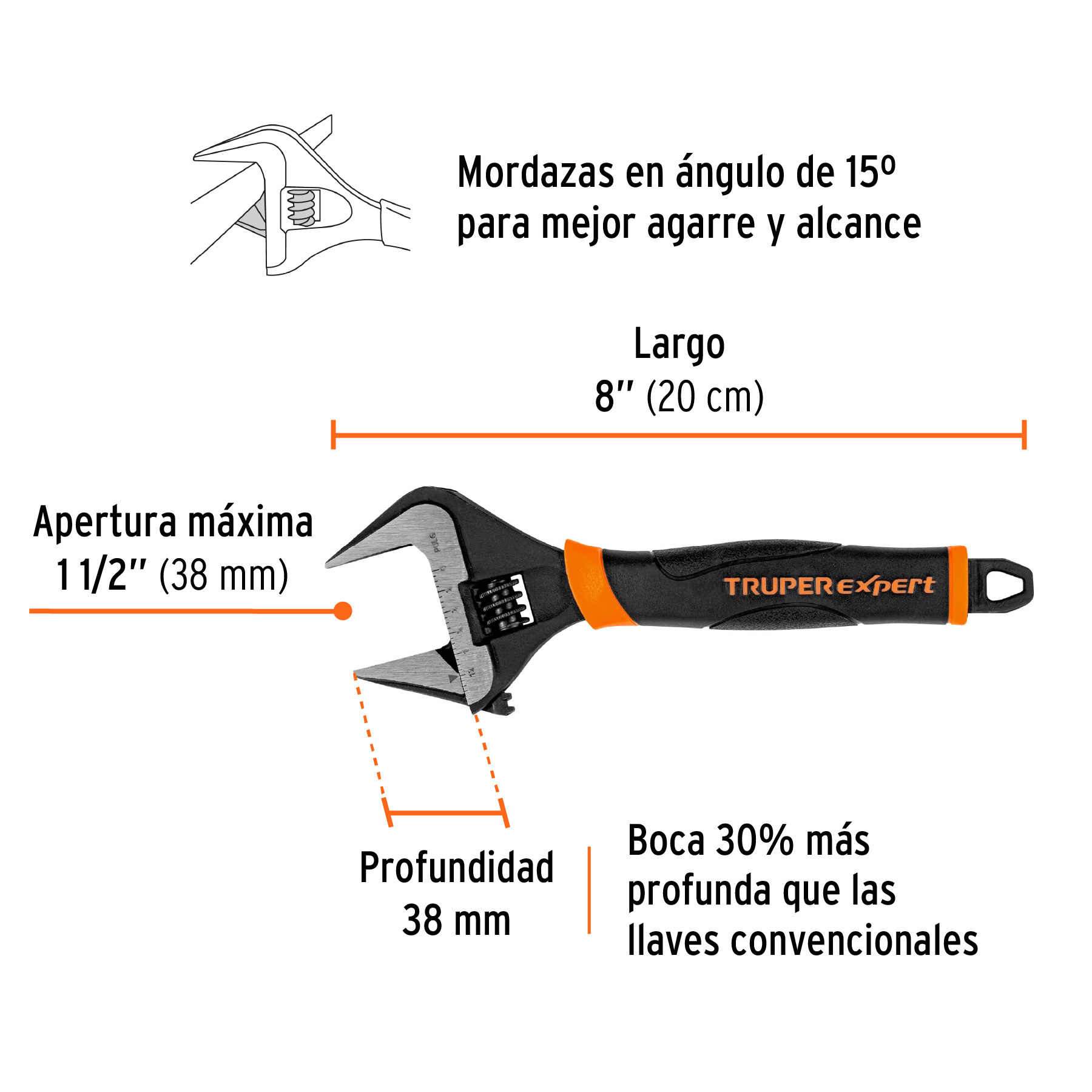 Llave ajustable (perico) 8' boca ancha Comfort Grip, EXPERT - Imagen 3